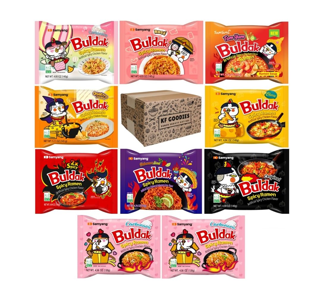 KF GOODIESKorean Ramen Variety Pack Gift Box (10 Count) – Spicy Buldak Noodle Assortment for Birthdays, College Care Packages, Office Snacks, and Gift Baskets