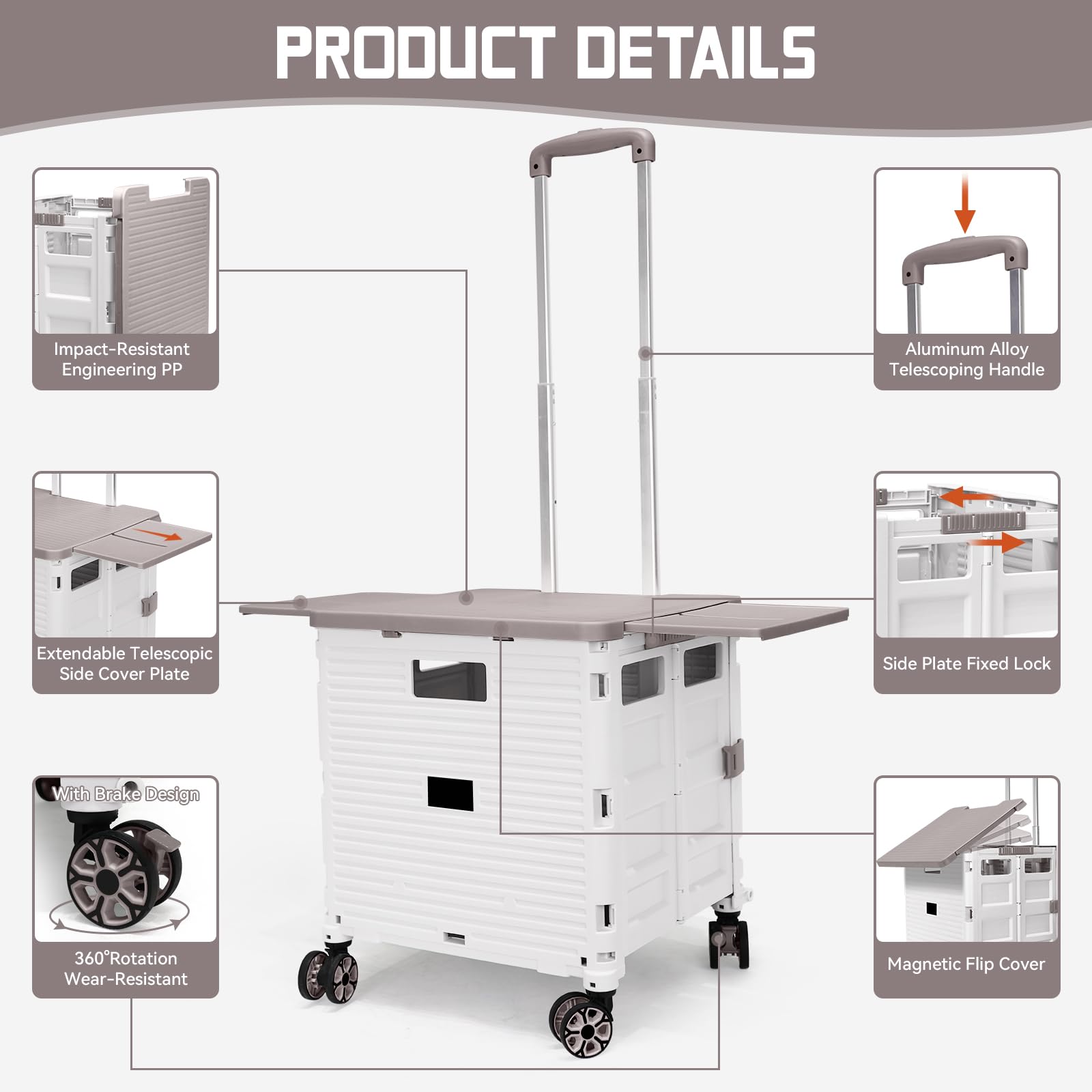 Carrello Pieghevole 55L/176lbs, Trolley Piano, Coperchio Magnetico