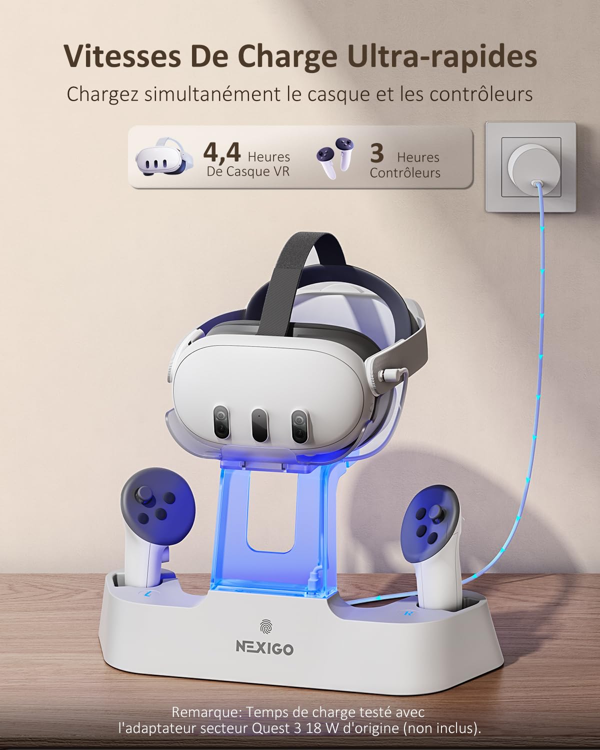 NexiGo Dock de Charge Amélioré avec Lumière LED [on/Off] pour Oculus Quest 3, Support d'Élite avec Batterie, Support de Casque et Manette, Batteries Rechargeables, Blanc