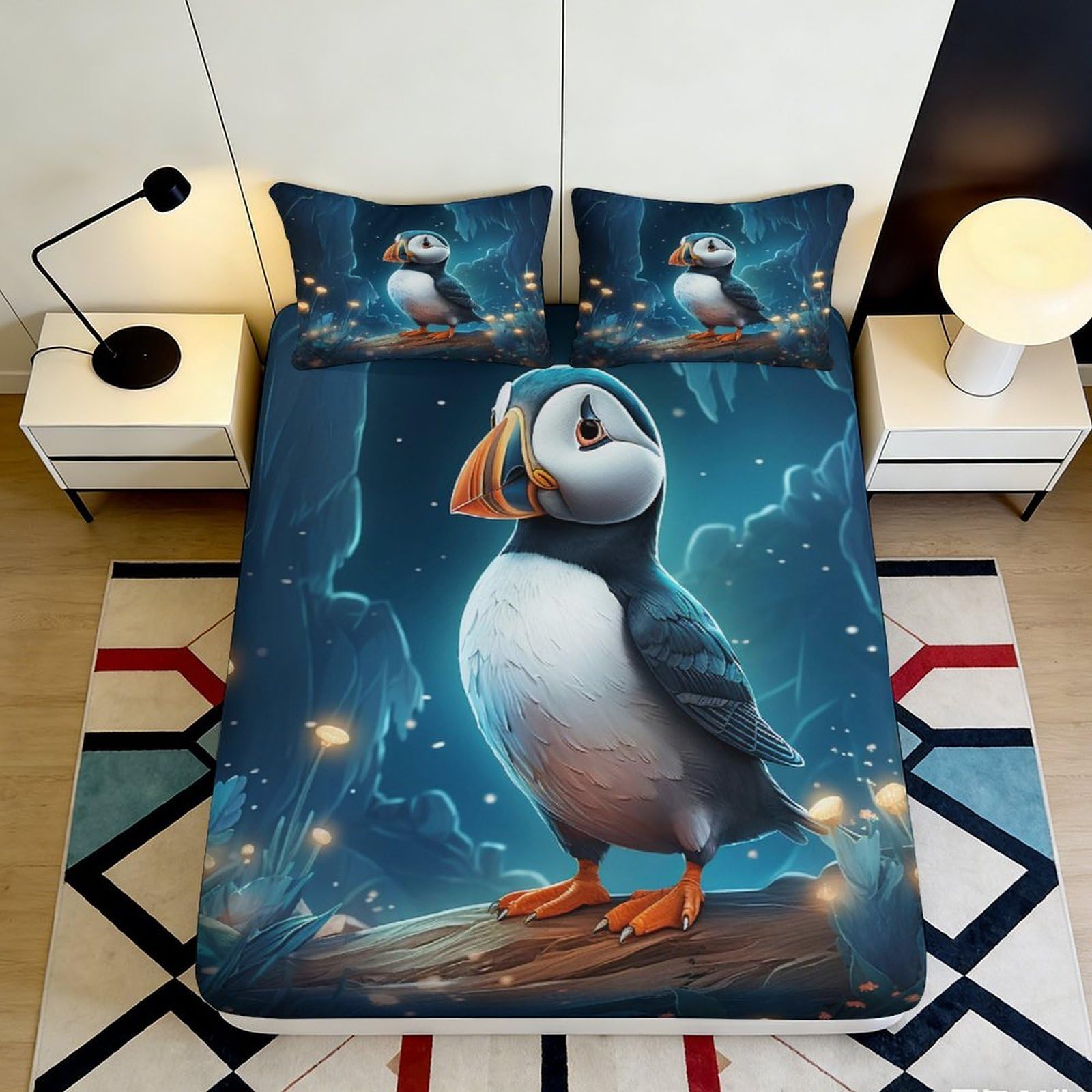 3D Printed Puffin Ocean Fitted Sheet Microfiber Soft Blue Sky Mattress Cover for Bedroom Dorm Home Decor 90x200x25cm