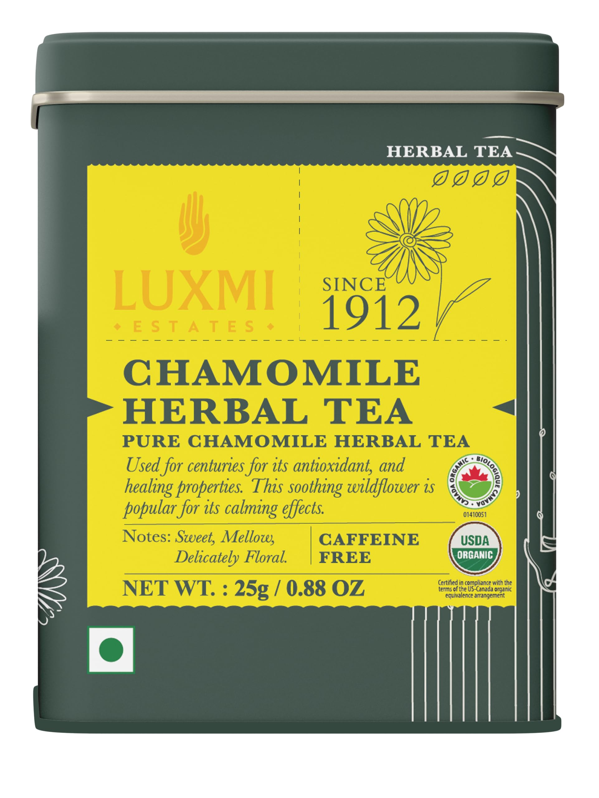 LUXMI Estates Pure Chamomile Herbal Tea | 25 Gm | Soothing And Relaxing Herbal Chai | Stress Relief Bedtime Tea for Restful and Peaceful Sleep | Caffeine-Free | USDA Organic Certified