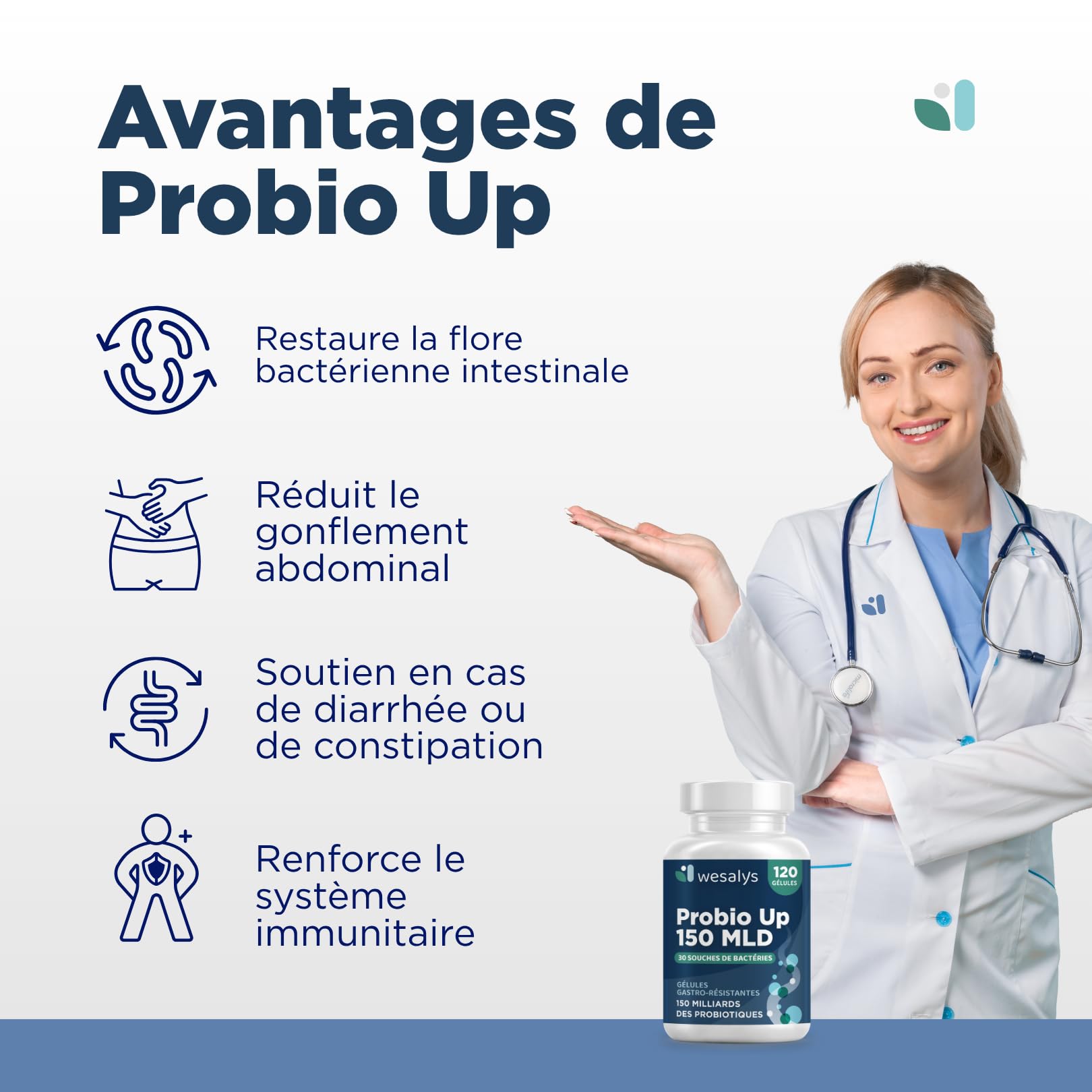 Probiotique flore intestinale - 150 Milliards UFC/Jour - 30 souches bactériennes, 120 Gélules Gastro-résistantes. Probiotiques et prebiotique, lactobacillus gasseri, Bifidobactéries, Inuline. Probio U