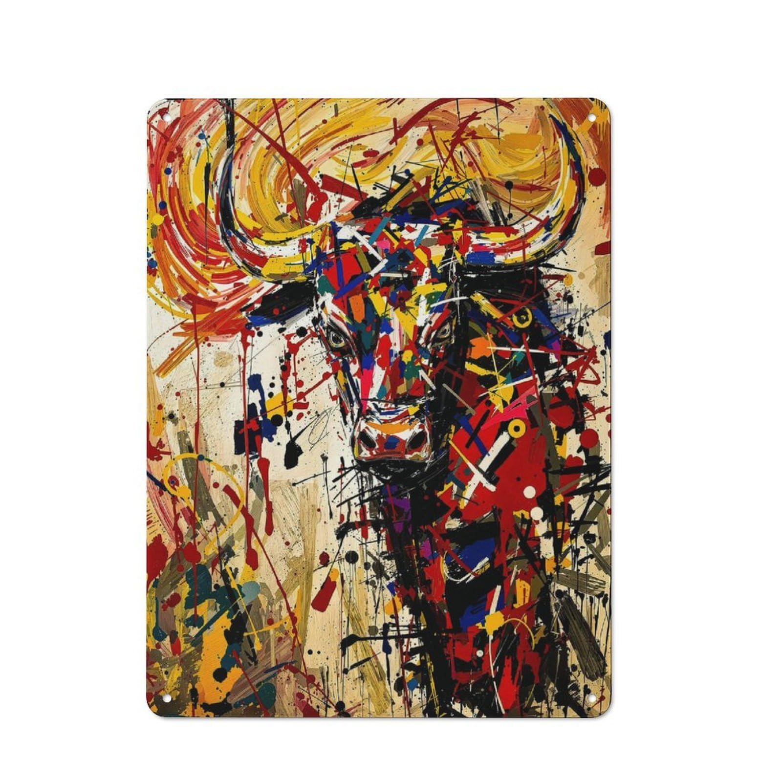 Junmoney Abstract Bull Painting Office Metal Sign With Design 40X30cm, Classic Studio Wall Plaque For Home Office, Reading Corner Or Bedroom