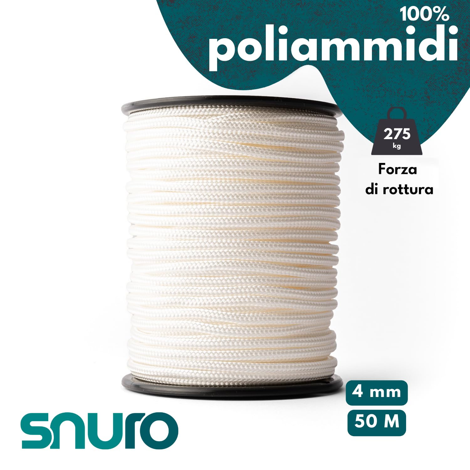 Corda di nylon (4mm, 50M, bianco) - Corda in poliammide intrecciata per qualsiasi applicazione - Resistente all'usura e robusta - Forza di rottura 275kg