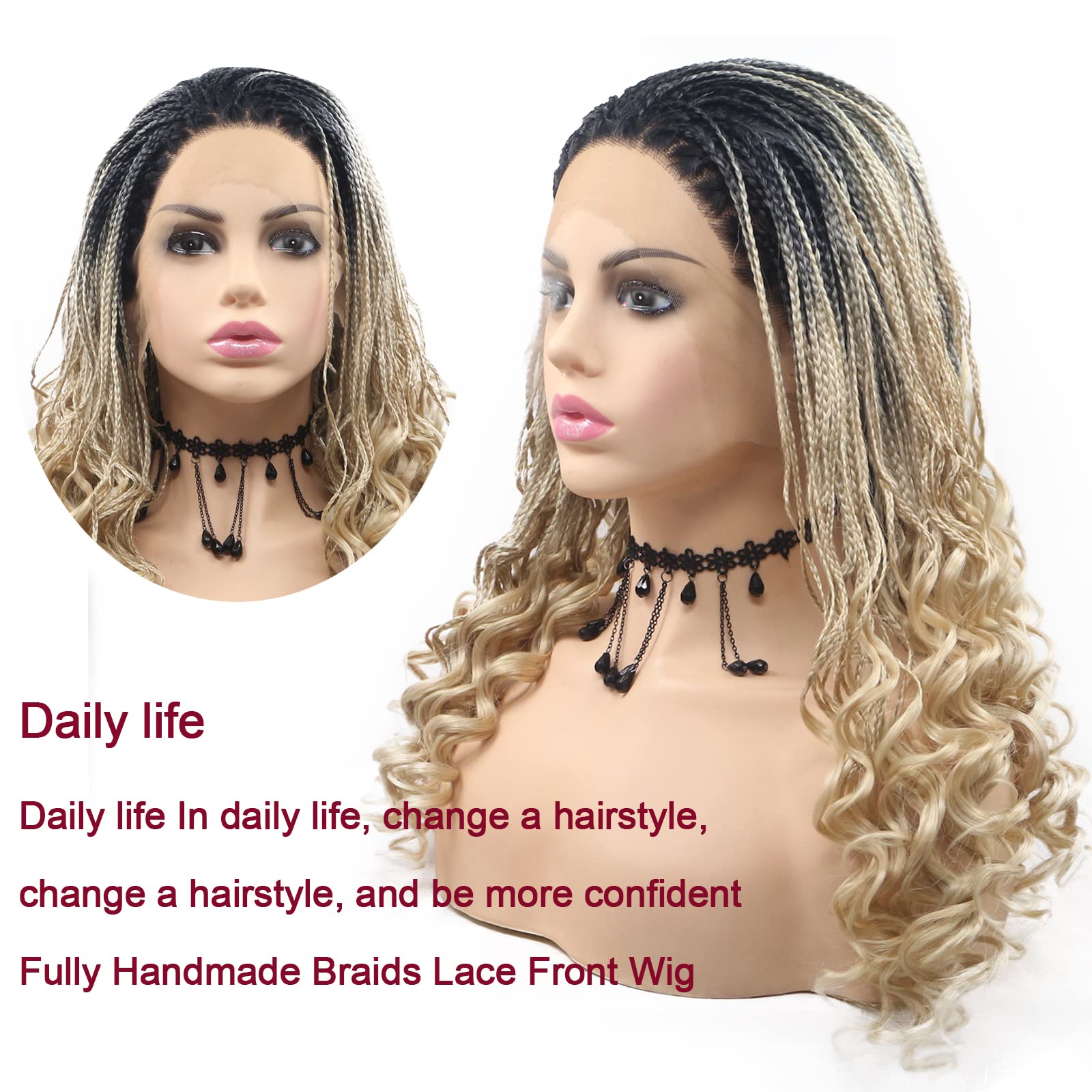 Cornrow Braided Blonde Wig Synthetic Lace Front Wig Curly Free Part Soft Natural Ombre Braids Wigs for Women Micro Braid Wig with Baby Hair Glueless Heat Resistant Fiber Hair Drag Cosplay 18Inch - Image 3
