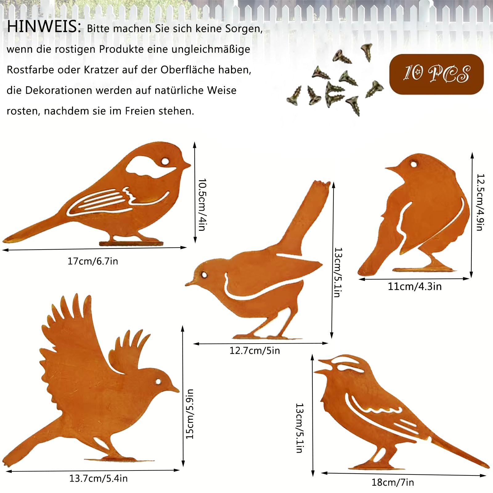 Rost Vogel Gartendeko für Draußen Rust Vögel Garten Deko Frühling,Gartenstecker Metall Roststecker Wetterfest,5er set Bird Baumstecker mit Schraube für Gartendekoration Bäume Pfähle oder Zäune
