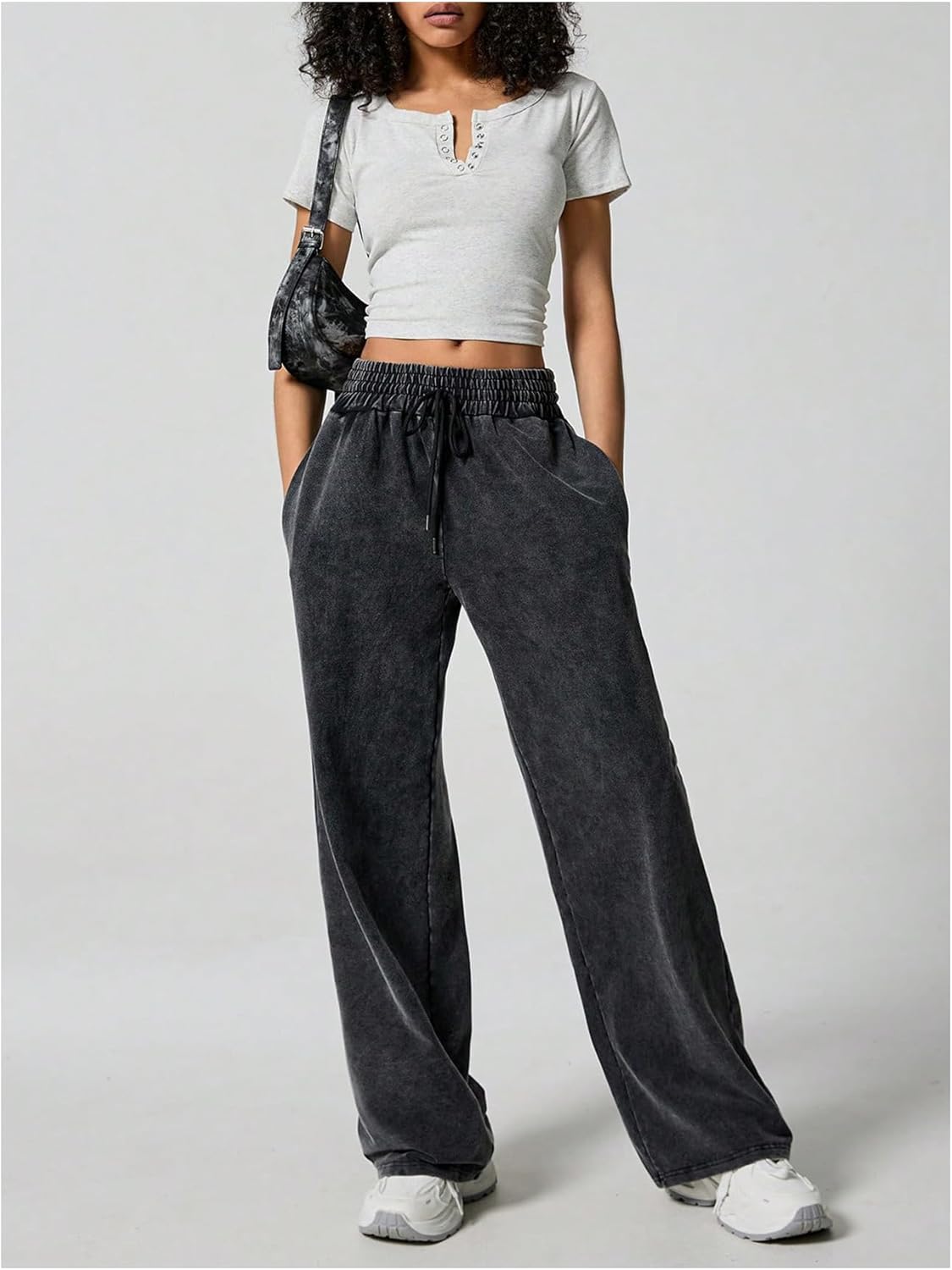 Women's Washed Wide Leg Sweatpants Elastic Waisted Casual Pants Streetwear Pants - Image 5