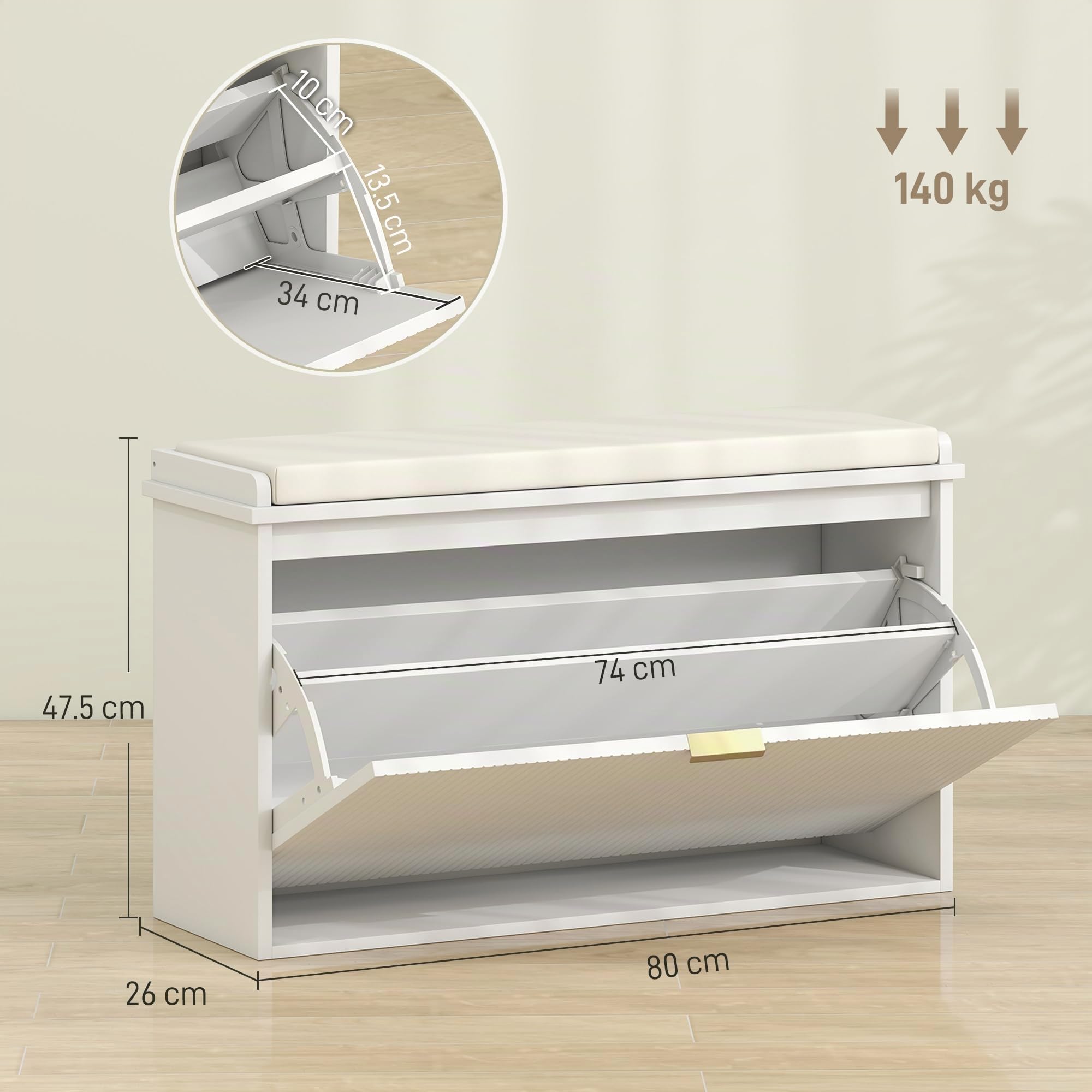 HOMCOM Panca Scarpiera Ripiano Regolabile, 80x26x47.5 cm, Bianco e Beige | Ripiano Interno Rimovibile, Mobile Scarpiera, Legno Effetto Lino e Tessuto