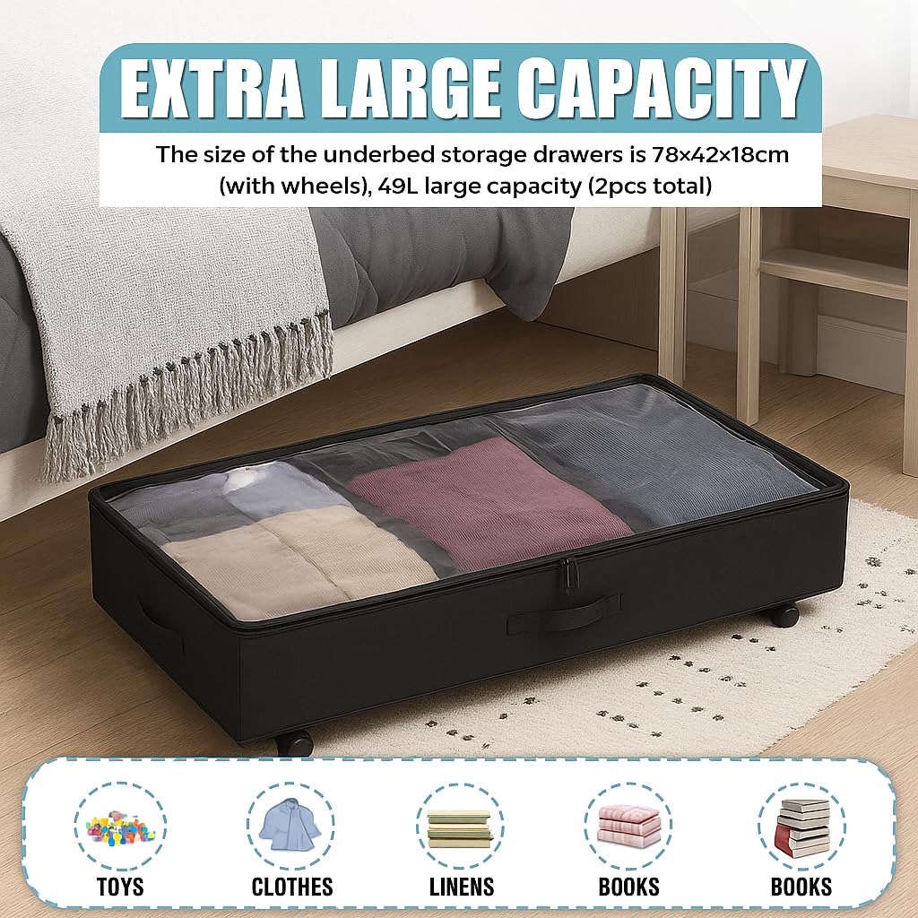 Confezione da 2 contenitori da mettere sotto il letto, con coperchio, 50 l, grandi contenitori portaoggetti con ruote in metallo, borsa portaoggetti con cerniera per vestiti, coperte