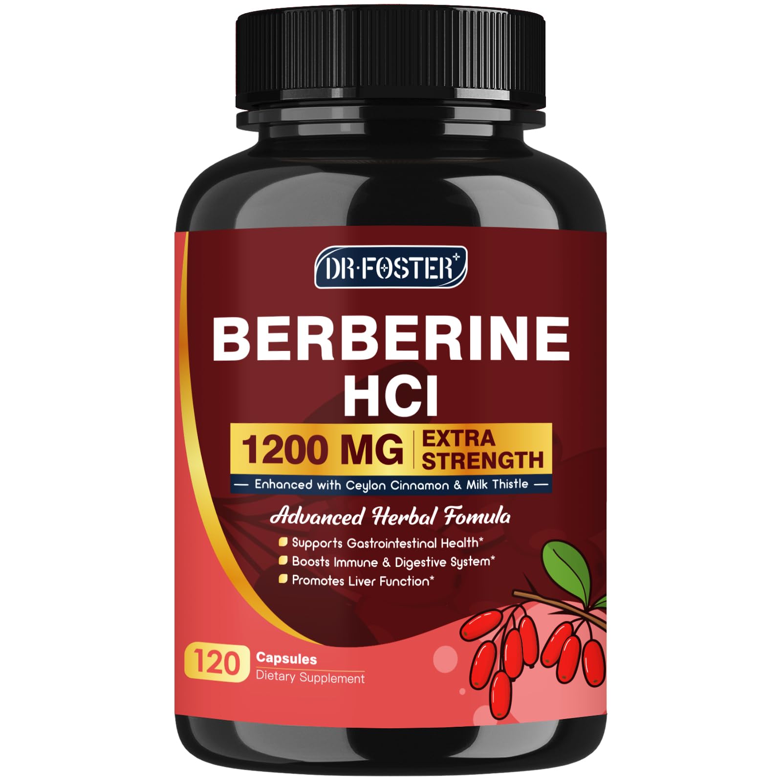 DRFOSTER Berberine HCL Supplement 1200mg with Ceylon Cinnamon, 120 Capsules 1 Count (Pack of 1)