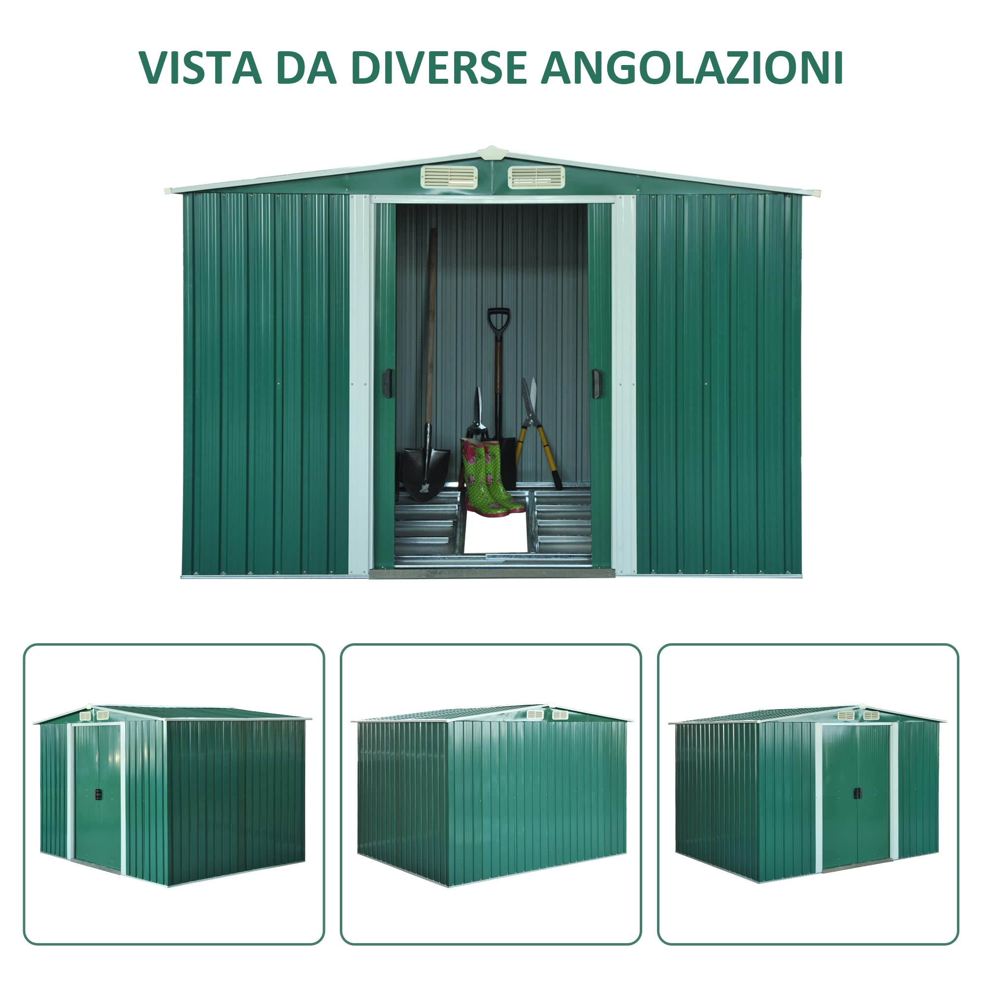 Outsunny Casetta da Giardino Porta Utensili con Base 258x206x178cm Verde | Lamiera di Acciaio, Capanno da Giardino in Acciaio, Porte Scorrevoli