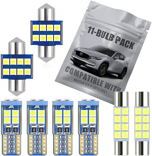 Kit de luz interior LED blanca de 11 piezas compatible con Mazda CX-5 2013 2014 2015 2016 2017 2018 2019 2020 2021 Map Dome Trunk Vanity Mirror