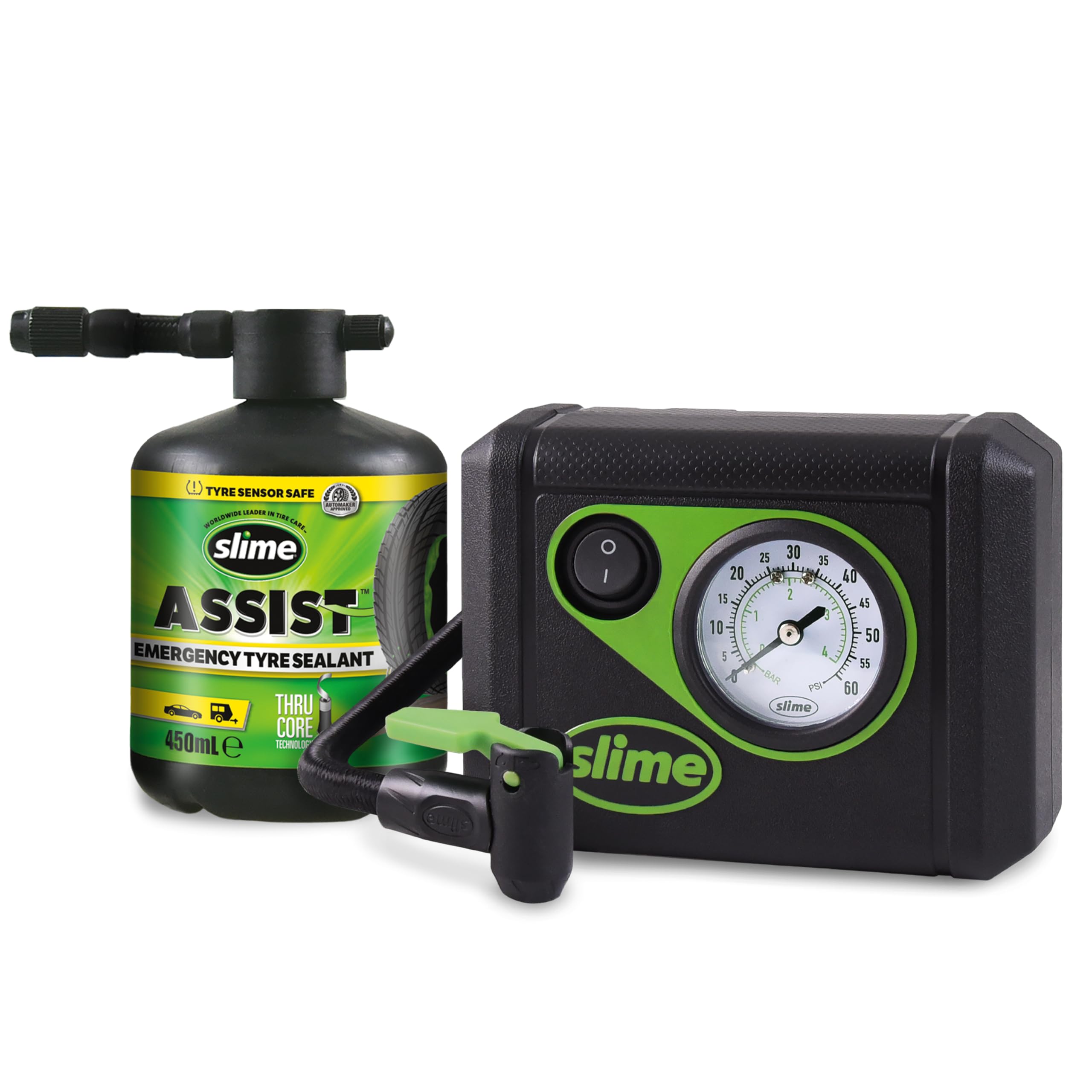 Slime 50138-51 Flat Tyre Puncture Repair, Smart Repair Plus, Emergency Kit for Car Yyres, Includes Sealant And Tyre Inflator Pump, Suitable for Cars And Other Highway Vehicles, 12 Min Fix