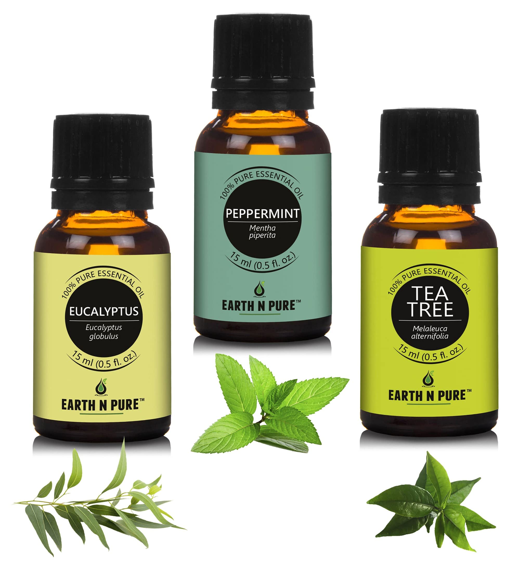 Earth N Pure Eucalyptus, Peppermint & Tea tree Essential Oils | Pack Of 3 (15 ml each) | 100% Pure, Undiluted, Natural And Therapeutic Grade - Perfect for Aromatherapy, Skin Therapy & More