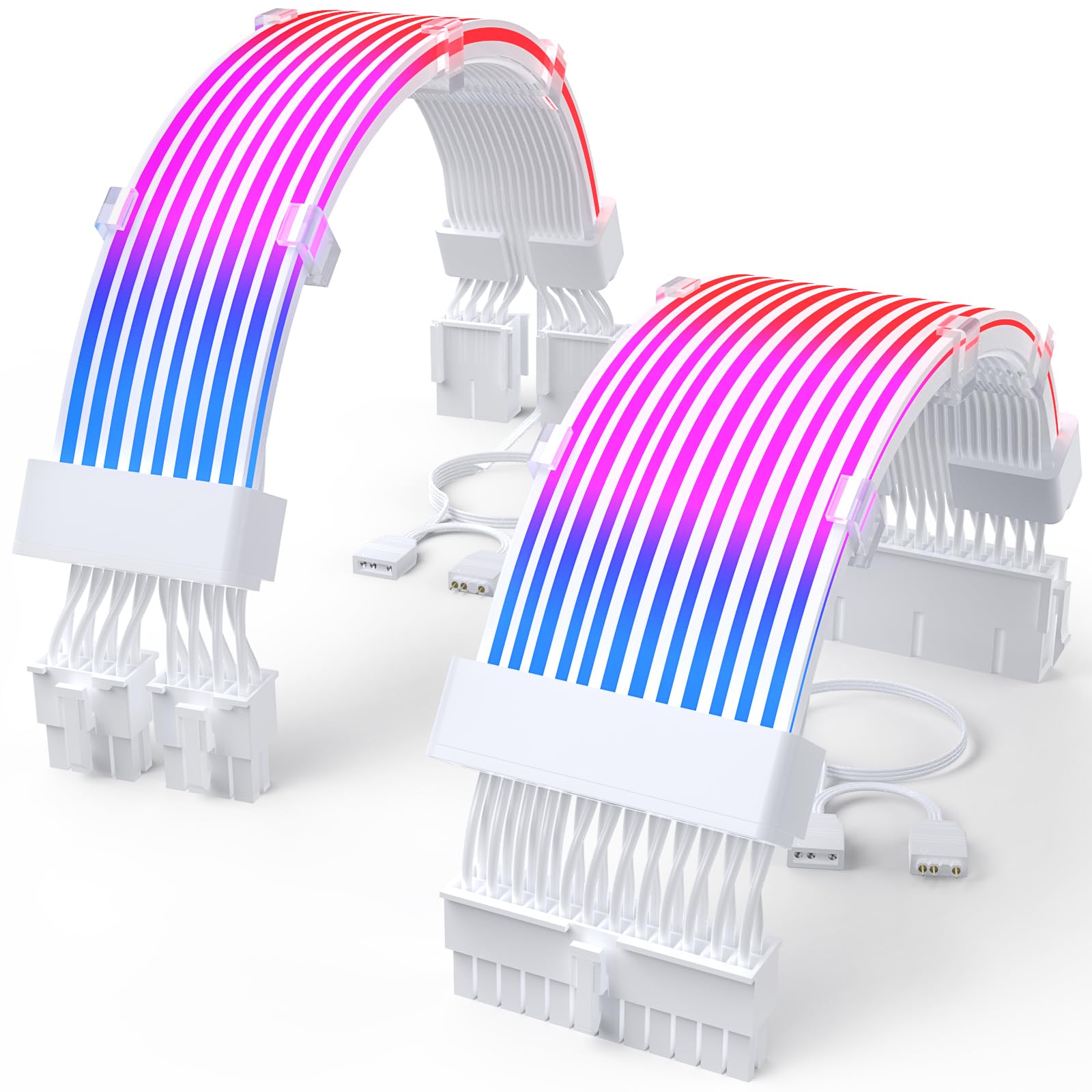 Sirlyr RGB PSU Cable Extension with ARGB LED Stripes and PVC Sleeved Extend Cable - 16AWG 24 Pin ATX Dual 8 Pin PCIE Set