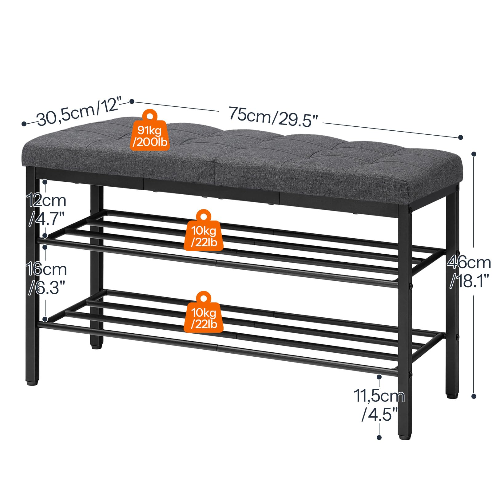 HOOBRO Banco Zapatero, Banco Almacenaje para Zapatos, Mueble de Entrada con Cojín Acolchado, Extremo de Cama, Ahorra Espacio, para Salón, Balcón, Dormitorio, Oficina, Gris y Negro EBGZ95HX01
