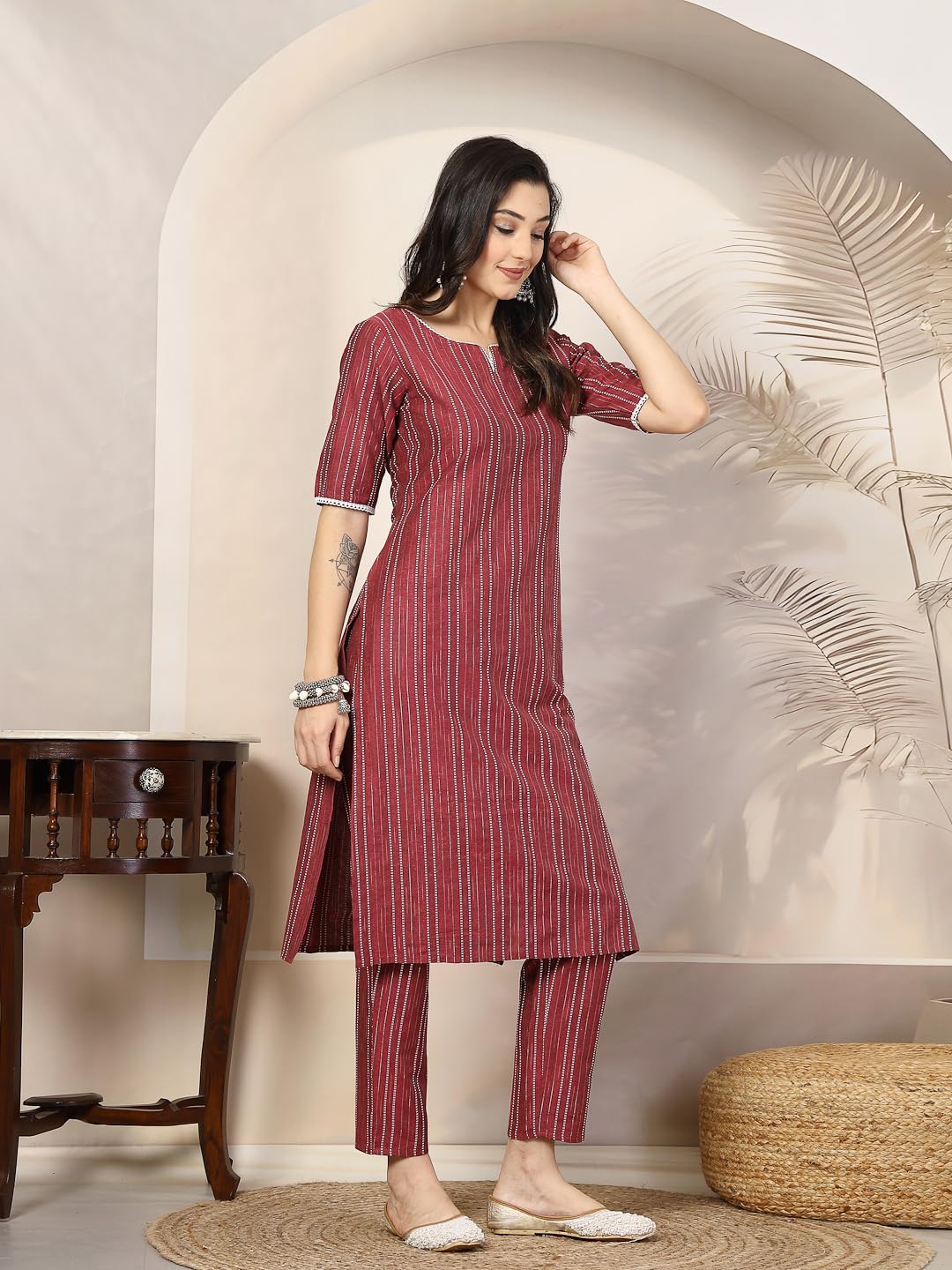 Stylum Women's Self Woven Striped Cotton Blend Straight Kurta Pant Set