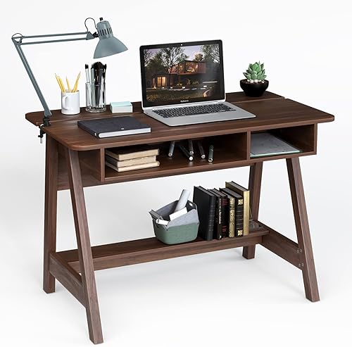 Tangkula Escritorio para computadora, mesa de trabajo de 43.5 pulgadas con gabinete de almacenamiento y estante, mesa de tocador de maquillaje