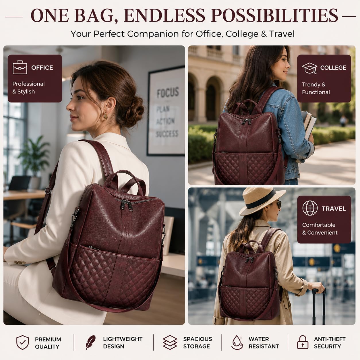 Craftwood Women's Quilted Leather Backpack, Burgundy Wine Color, Convertible Shoulder Bag, Dual Zipper Design, Vegan PU Material (Maroon) 3