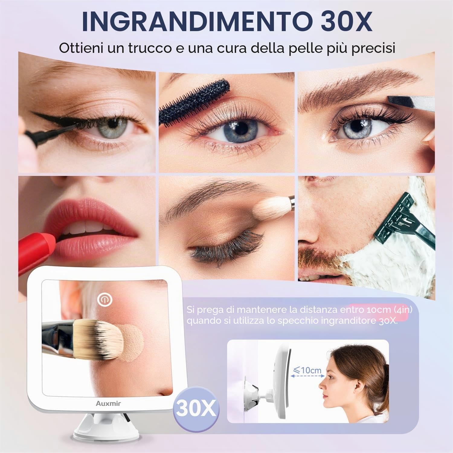 Auxmir Specchio Ingranditore 30X Ricaricabile, Specchio Trucco con 3 Colori di Luce LED, Luminosità Regolabile Ventosa Potente, Specchio Cosmetico da Bagno