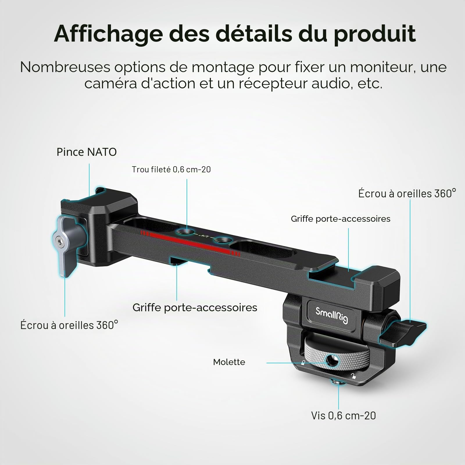 SMALLRIG Support de Moniteur pour DJI RS 2 / RSC 2 / RS 3 / RS 3 Pro/RS 3 Mini/RS 4 / RS 4 Pro/RS 4 Mini/RS 5, avec Pince NATO à Dégagement Rapide, Support de Cold Shoe, Anti-Torsion - 3026B