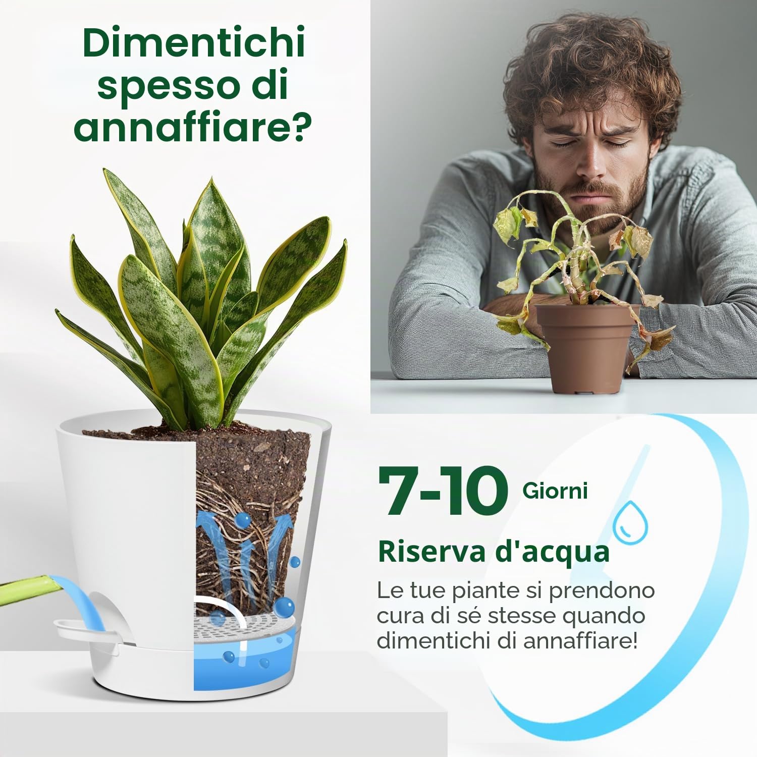 T4U Vasi Autoirriganti, Vasi da Interno 16,5 cm Set da 6 Bianco