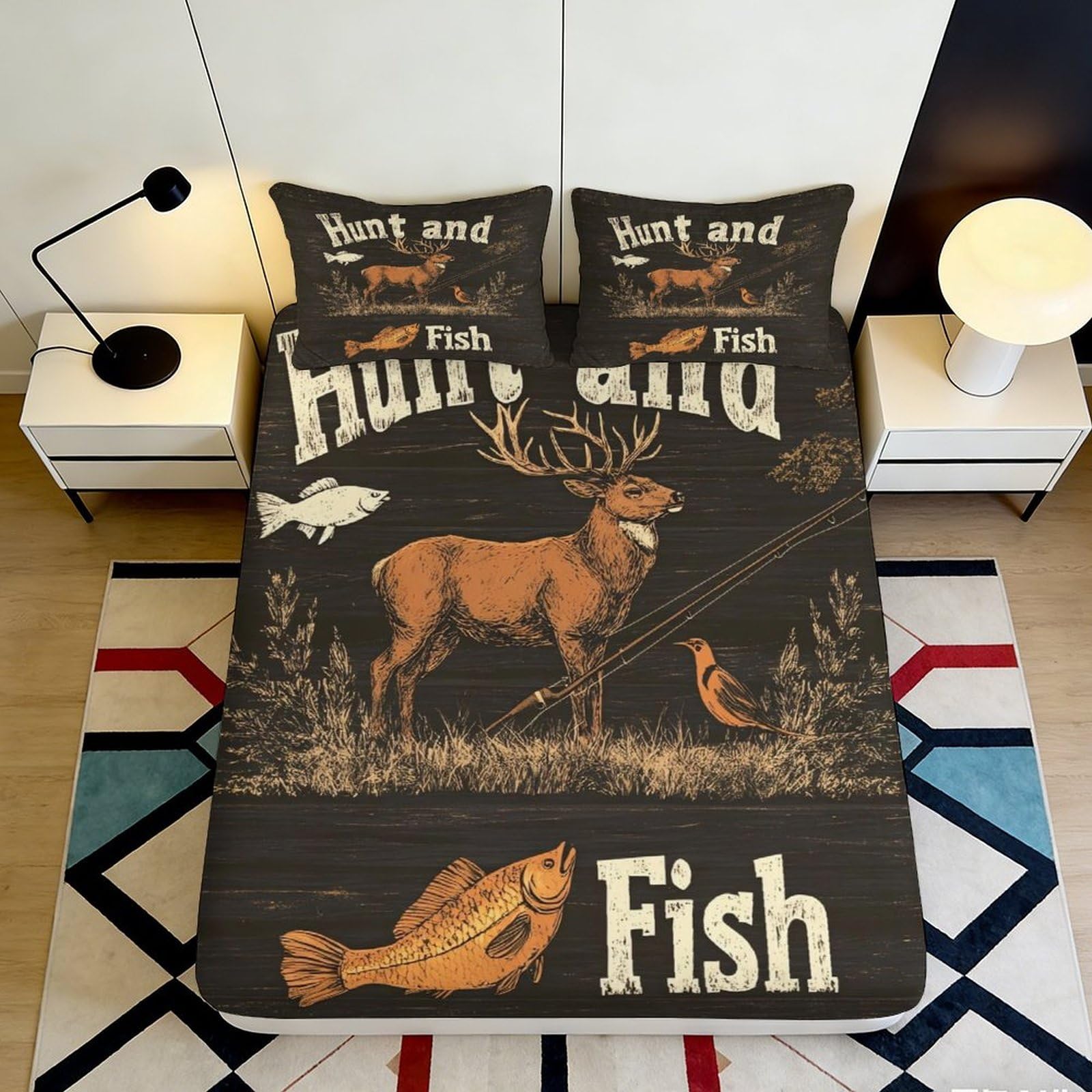 3D Printed Hunt and Fish Fitted Sheet Microfiber Soft Slip-Resistant Deer Wildlife Bed Cover for Bedroom Guest Room Dorm Mattress Decor 180x200x25cm