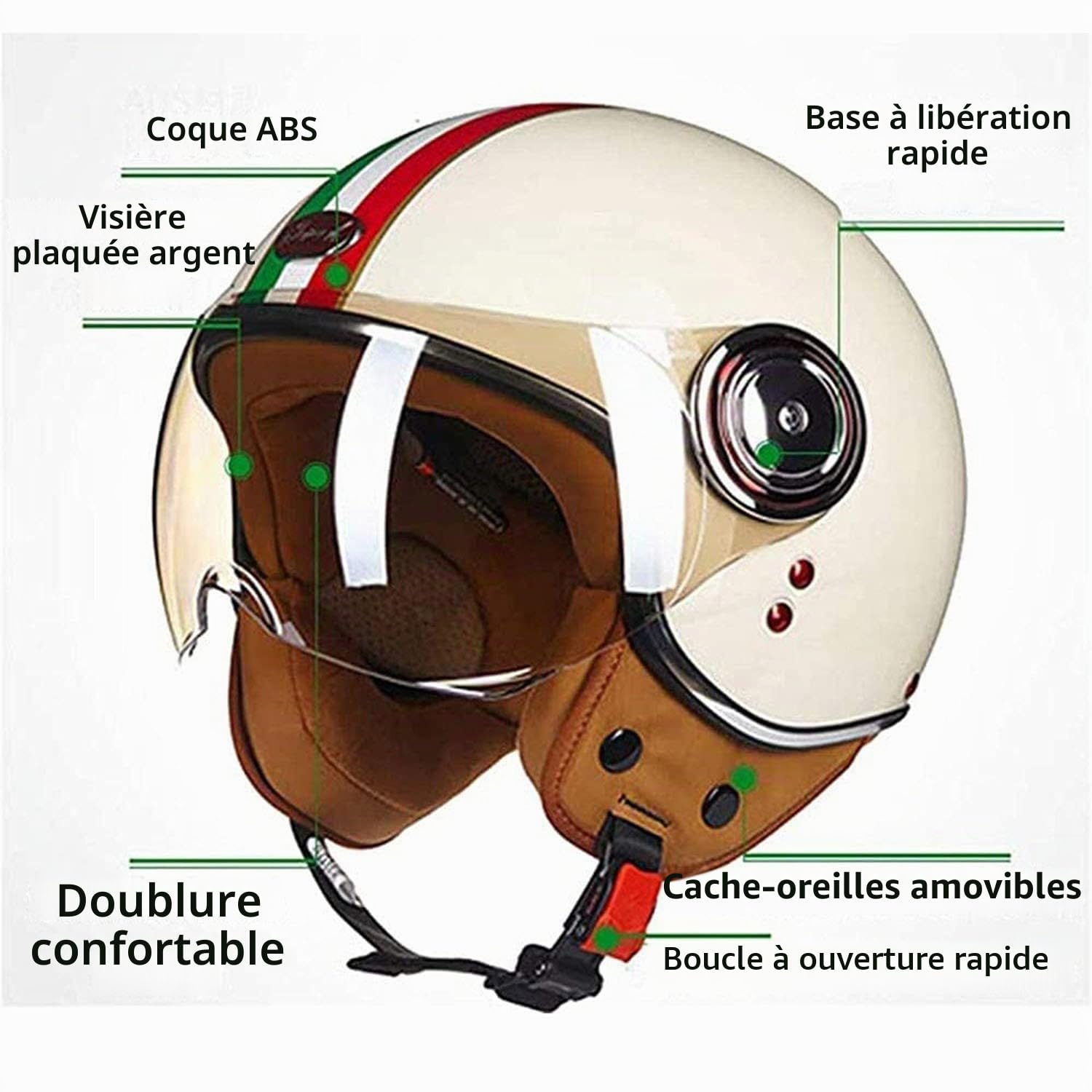 Rétro Casque à Face Ouverte Demi-Jet Scooter avec Visière Classic Moto Jet Vintage ECE Homologué Bol pour Homme et Femme L,M