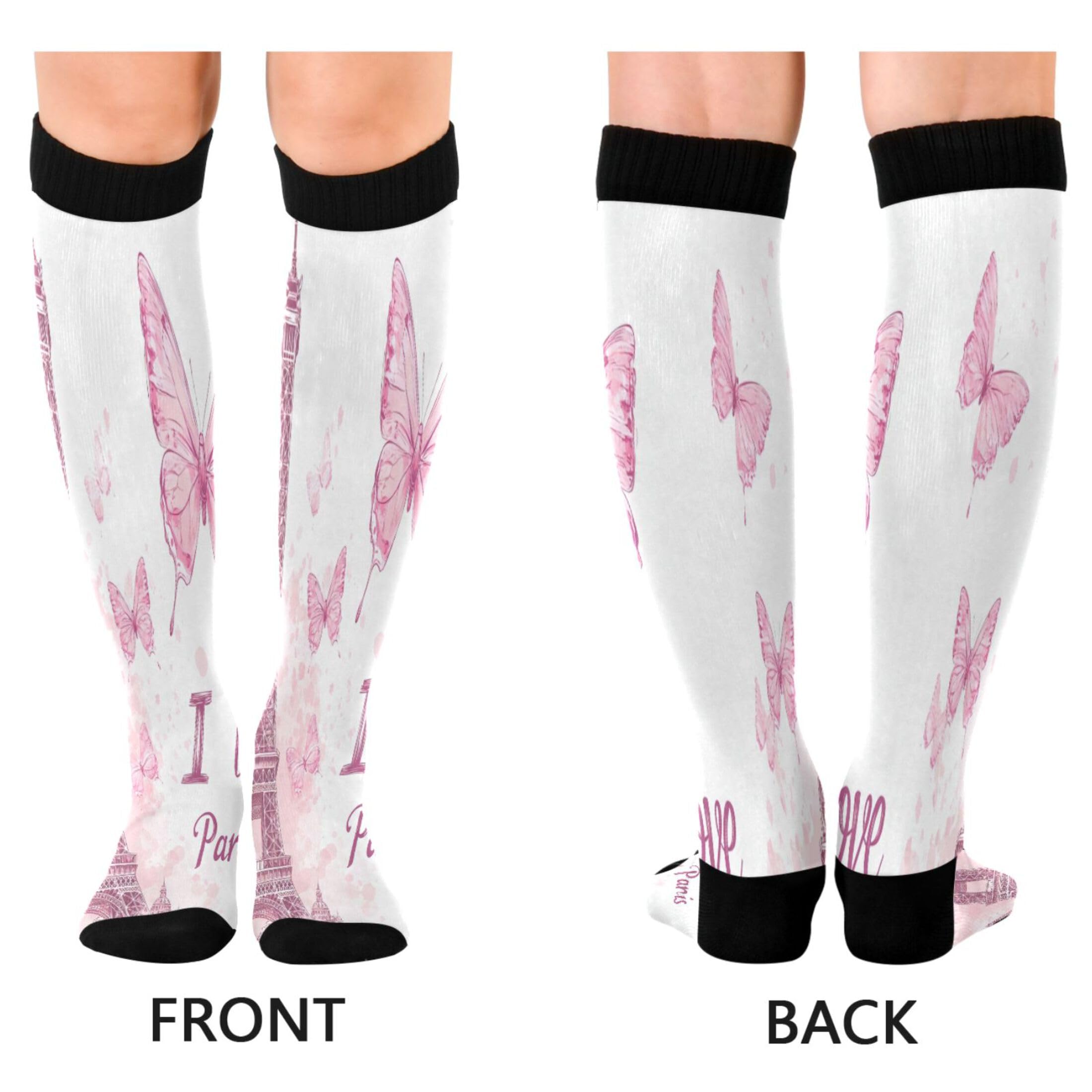 Burbuja Eiffel Tower Pink Butterflies Compression Socks for Women Men (20-30mmHg), Knee High Socks Circulation Support for Sport Running Hiking Nurse, 1 Pair