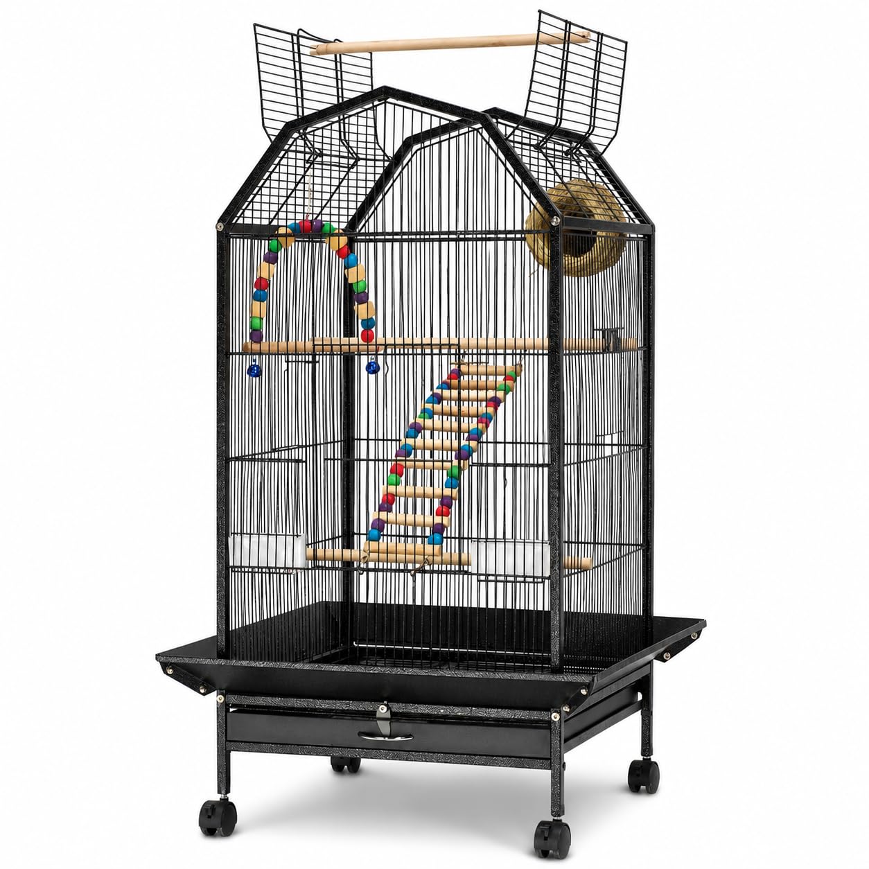 Jaula grande de lujo para loros de 39.9 pulgadas con soporte rodante, transportador portátil para pájaros con comedero y juguetes para loros grises africanos, periquitos y pájaros medianos, jaula de