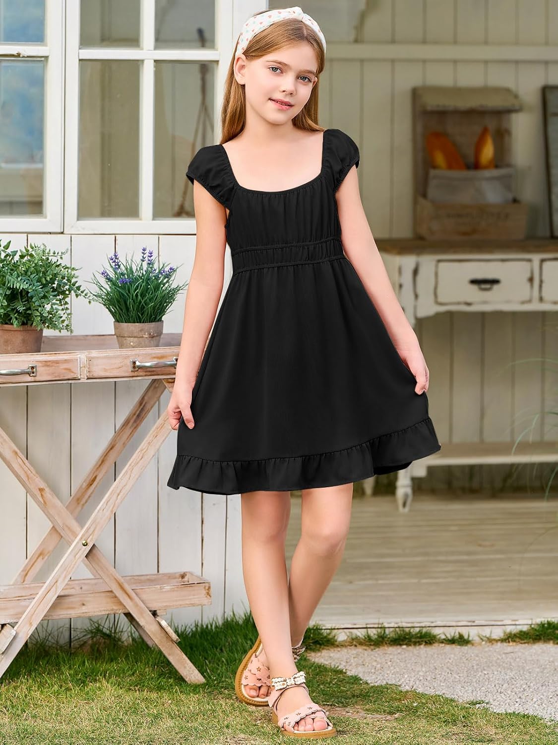 Haloumoning Girls Summer Dresses Kids Cap Sleeve Square Neck Elastic Waist A-Line Flowy Dress 7-14 Years - Image 5