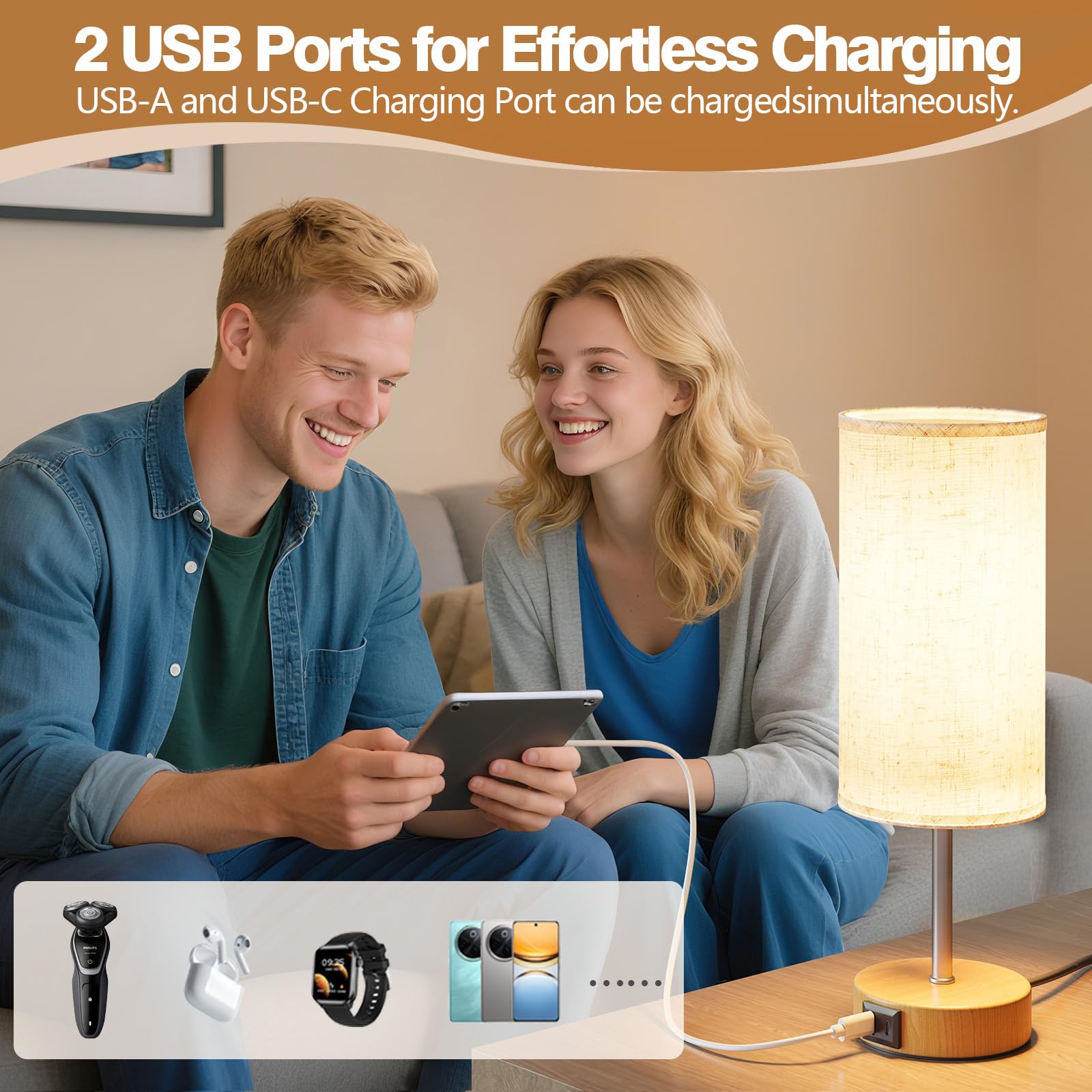 Lámparas de Mesita de Noche Control Táctil Set de 2, con Puertos de Carga USB-A y USB-C, Regulables en 3 Niveles, Pantalla de Lino, con Cable de 1,5 m (Bombilla E27 Incluida)