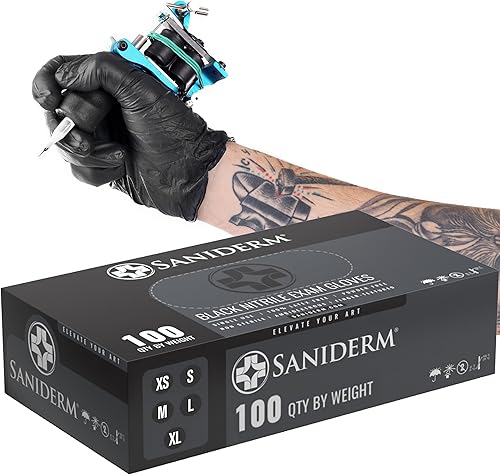 Saniderm Guantes de tatuaje de nitrilo  Caja de 100  Guantes desechables duraderos de 4.5 mil, sin polvo, sin látex