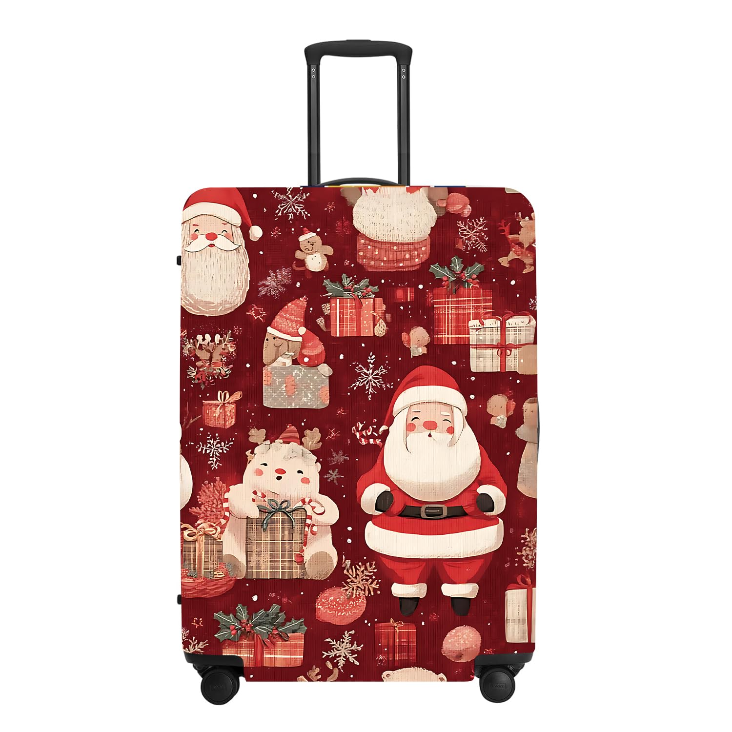 Allover Christmas Luggage Cover - Red Background with Santa, Gifts and Snowmen Pattern, Dense Holiday Design for 24 26 Inch Travel Bag