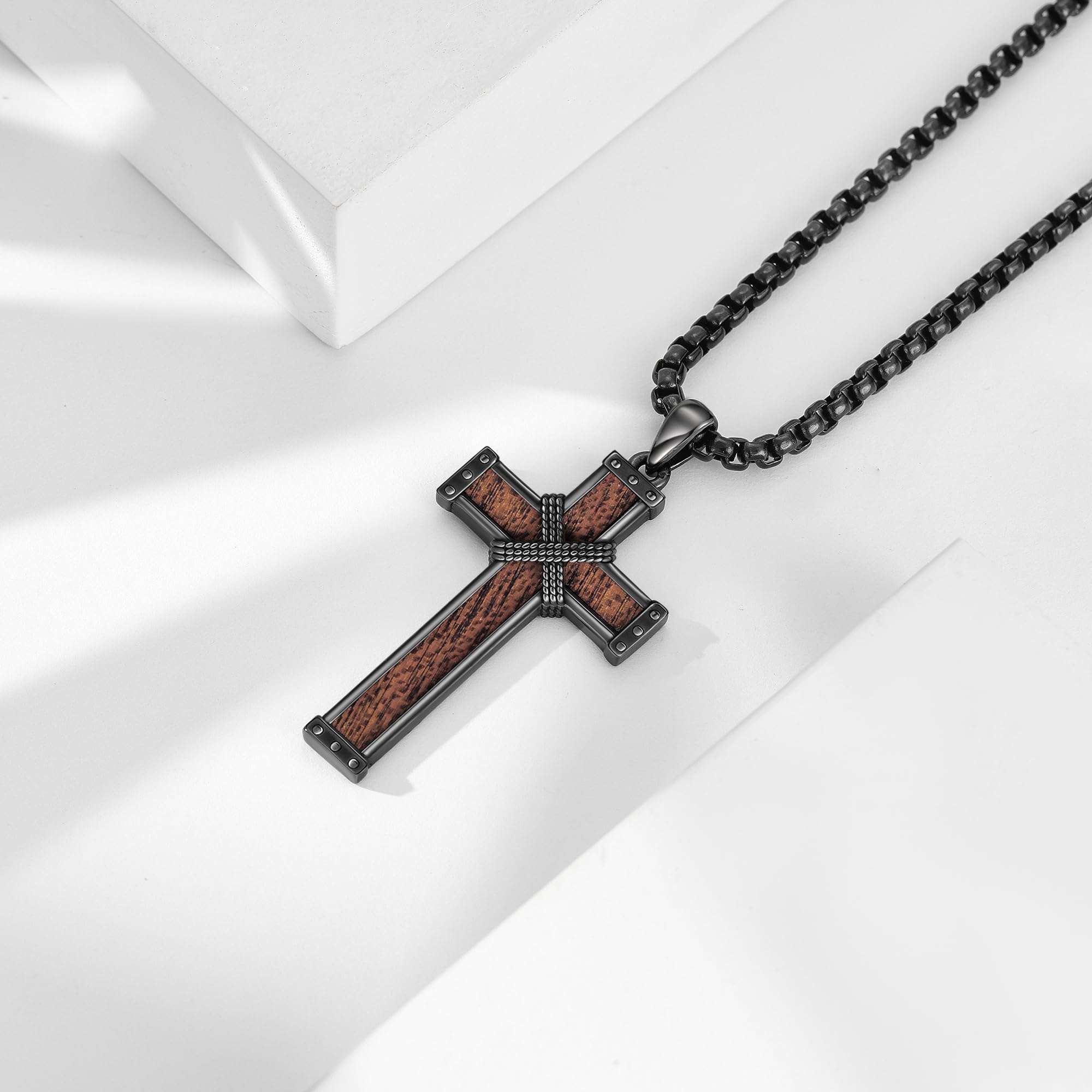 Kreuz Holzkreuz Kette 925 Sterlingsilber Schwarzem Kreuzanhänger Halsketten Religiöser Schmuck für Damen Herren 24 Zoll Rundboxkette