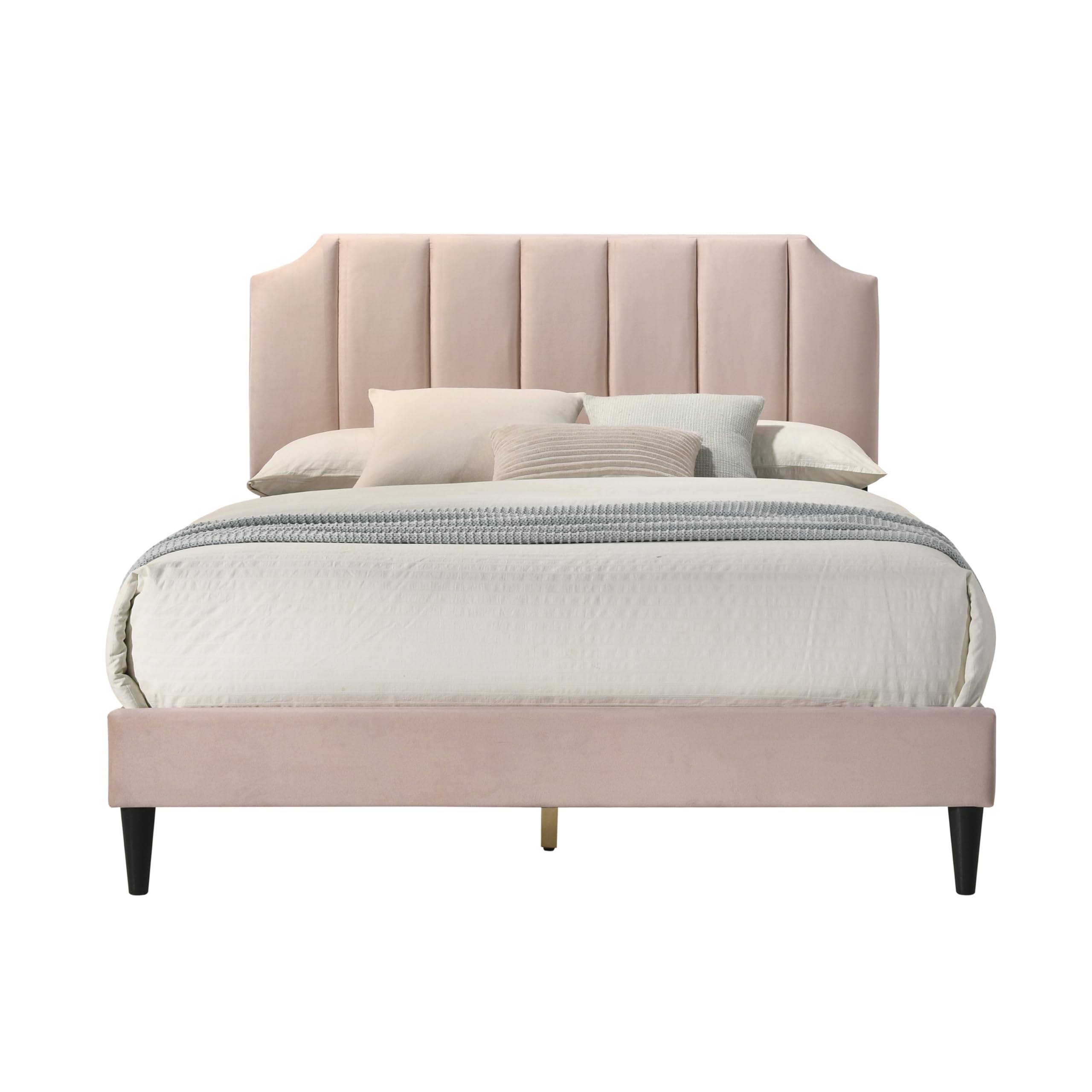 Galano Conwy Upholstered Double Bed - Stylish Fabric Bedframe with Headboard - Sturdy Bedframe for Adult with Wooden Slat Support - Easy Assembly (Pink)