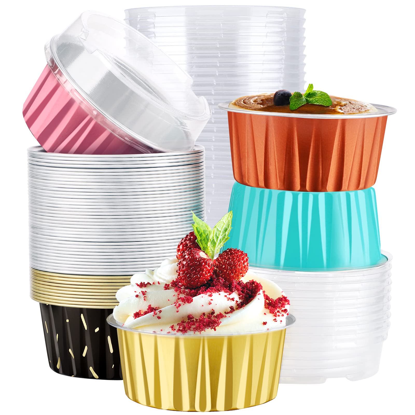 EUSOAR 100-Pack Disposable Gold 8oz Aluminum Ramekins With Lids - Foil Baking Cups For Muffins, Desserts & Party Favors - View #5
