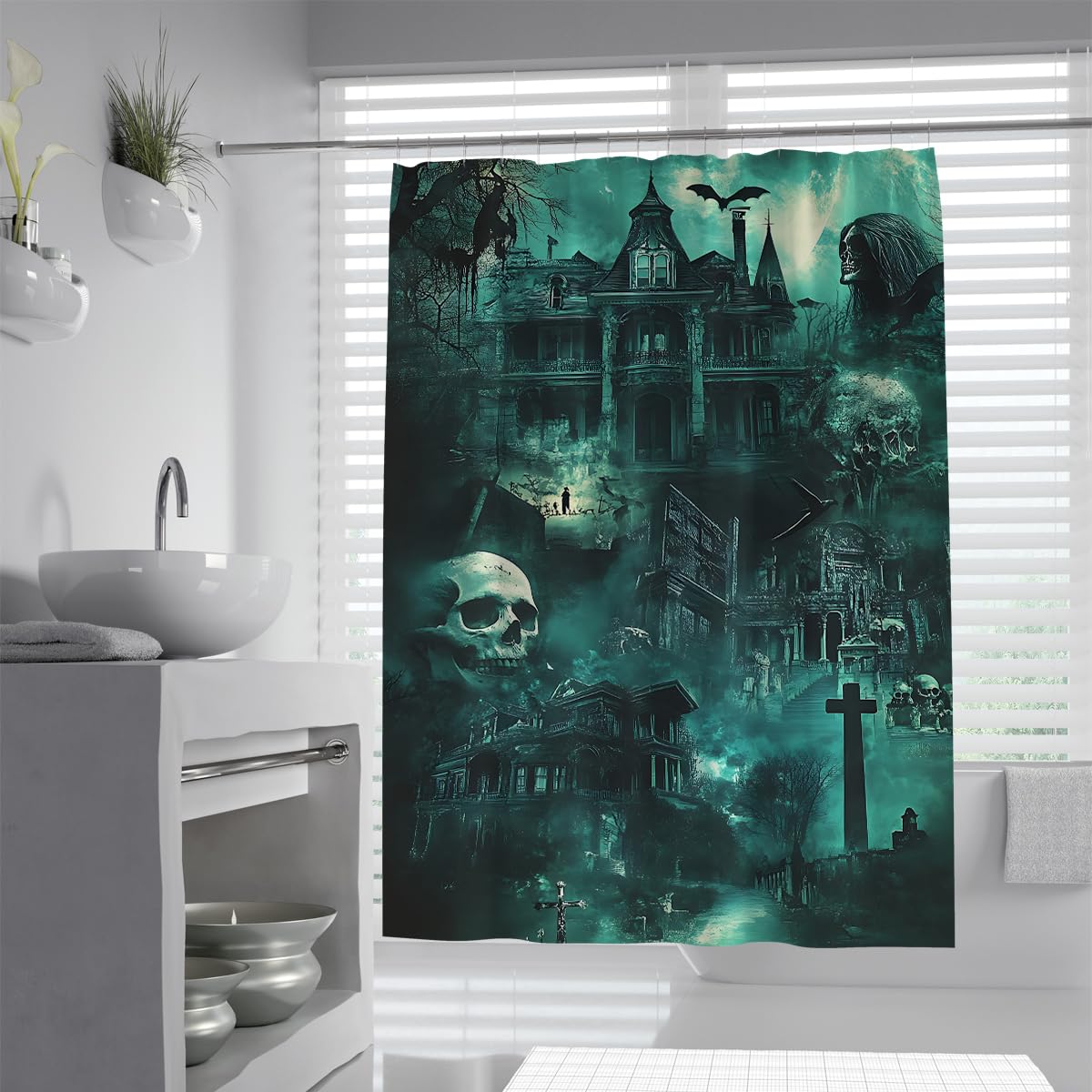 Uiringart Shower Curtains Scary Haunted Manor Shower Curtain W100xl200cm Green Gothic Tombstone Bat Fabric Bath Decor Rustproof Grommets Washable Bathroom Curtains With Hooks