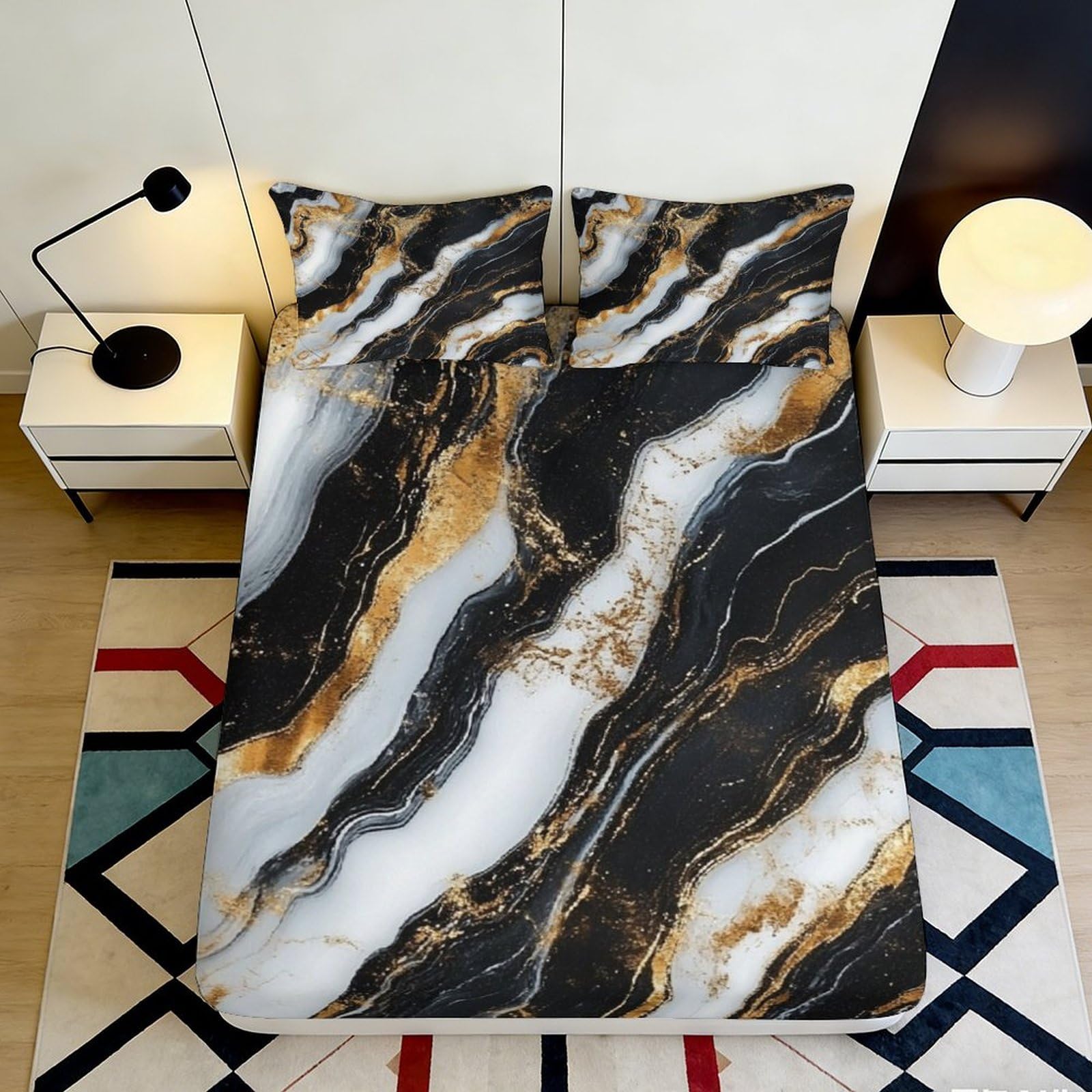 Dhbaneiok Style-9 3D Printed Marble Gold Black Fitted Sheet Microfiber Soft Anti-Slip Abstract Wave Bed Cover For Bedroom Dorm Decor 90X200x25cm