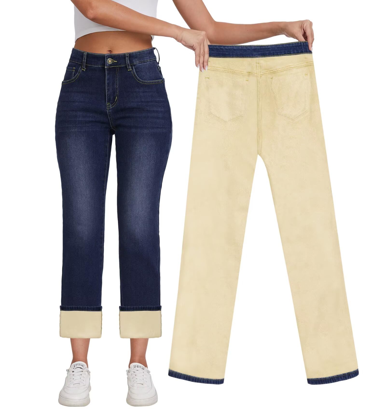 KDF Women's Fleece Lined Jeans High Waisted Straight Leg