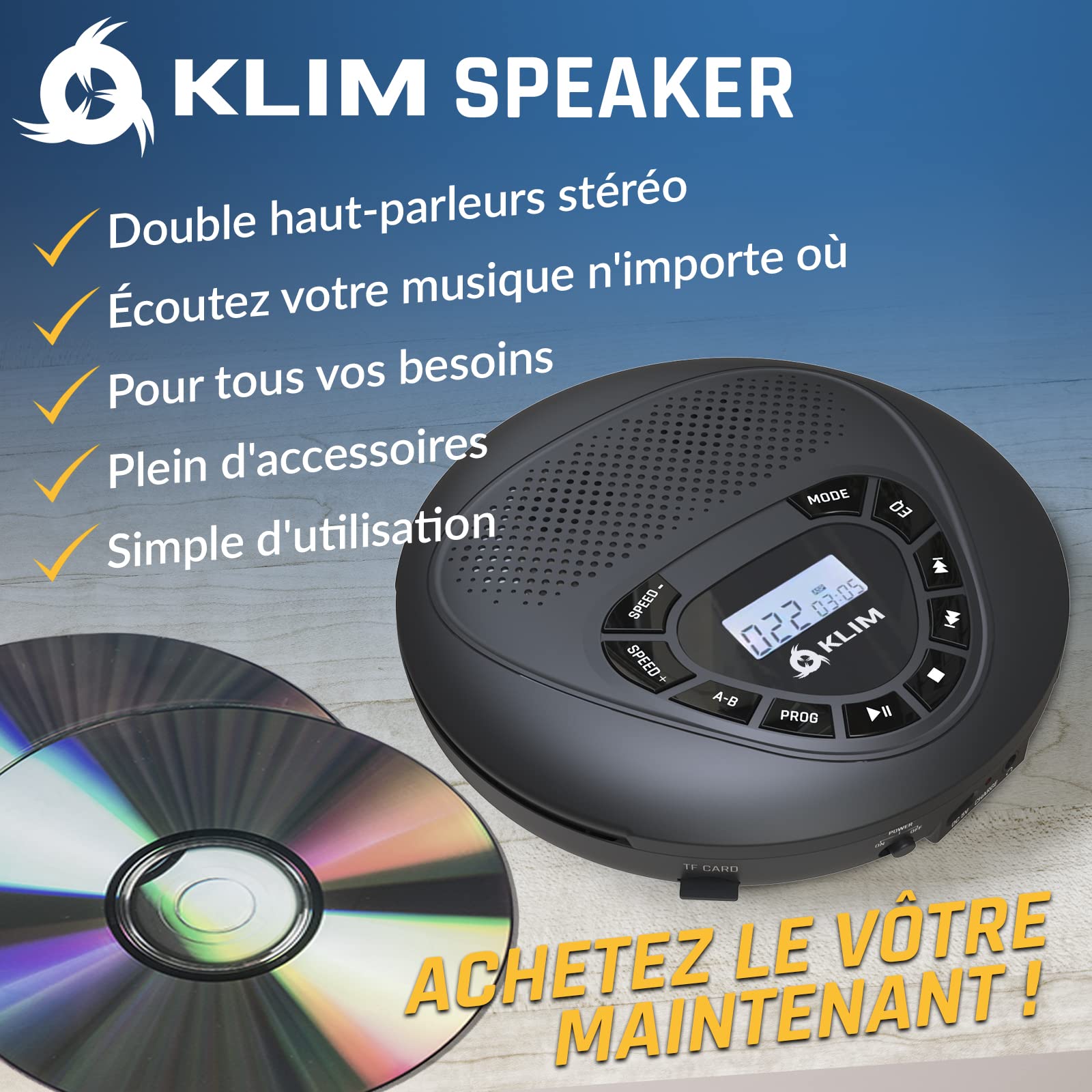 KLIM Speaker - NOUVEAUTÉ Lecteur CD Portable avec Haut-parleurs & Écouteurs - Rechargeable - Baladeur Lecteur CD Enfant/Adulte - Carte SD/TF - AUX - Idéal pour Voiture - Noir