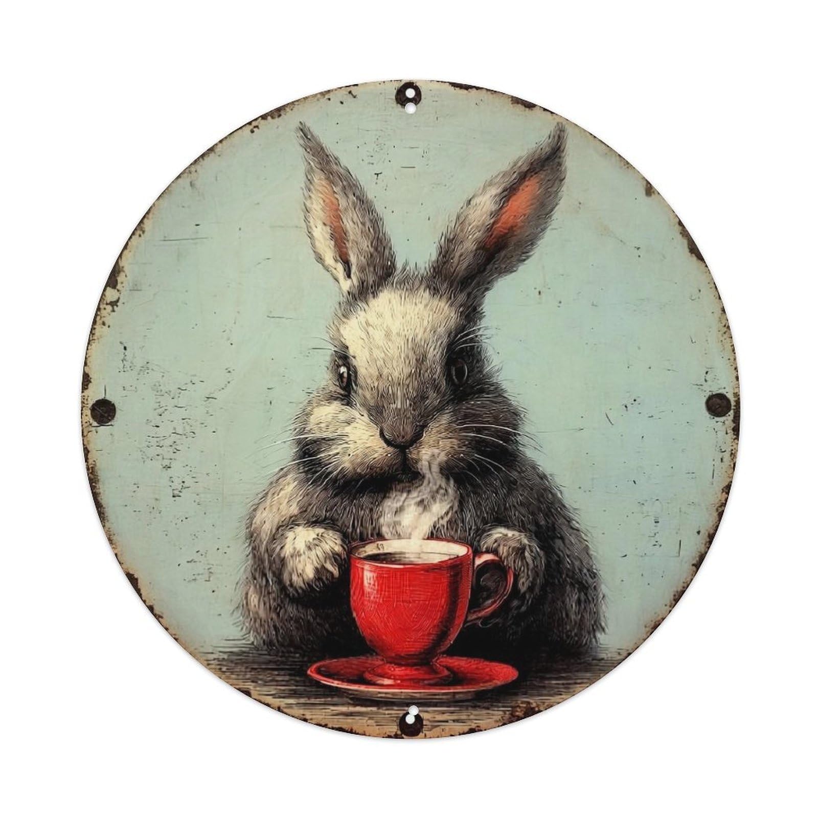 Rabbit Holding Red Cup Tin Sign Metal Poster Vintage Metal Signs for Home Man Cave Bar Cafe Kitchen laundry room Wall Decorations Gift 8x8Inch