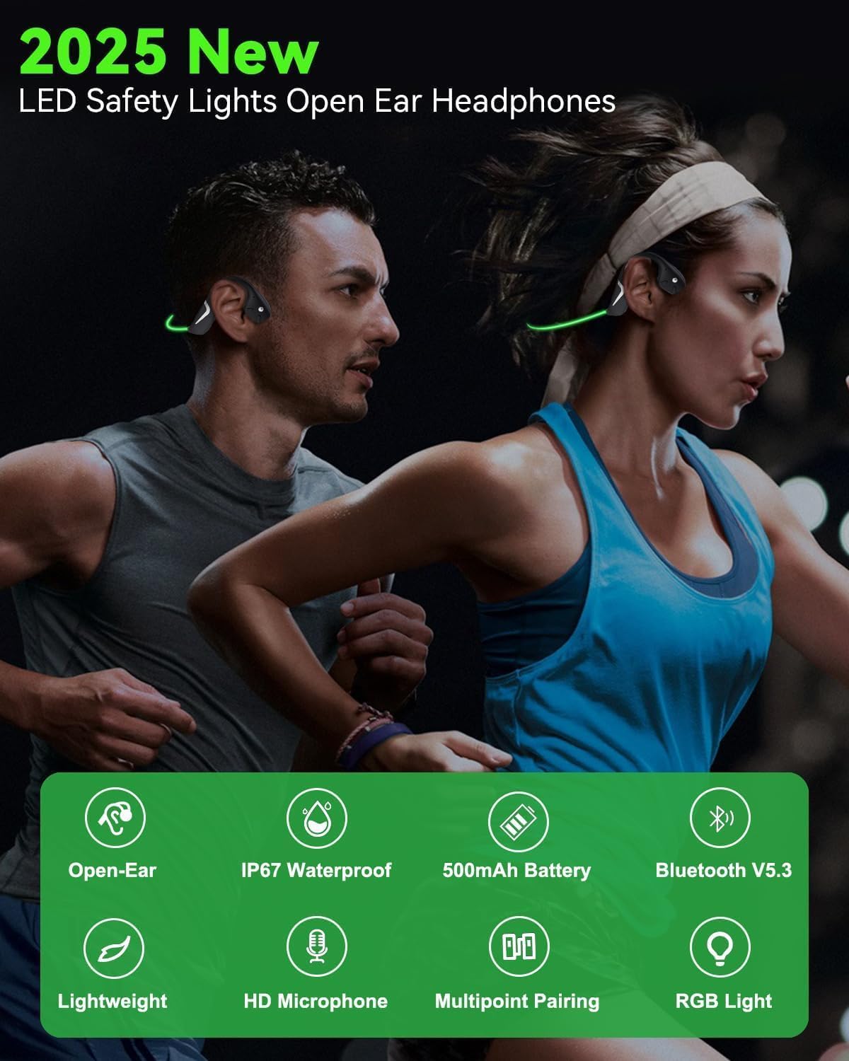 MONODEAL Auriculares conduccion osea, Auriculares inalambricos Deportivos IPX7 a Prueba de Sudor, Bluetooth 5.3 Verde con luz Inteligente, auriculare oseos 20 Horas de reproducción
