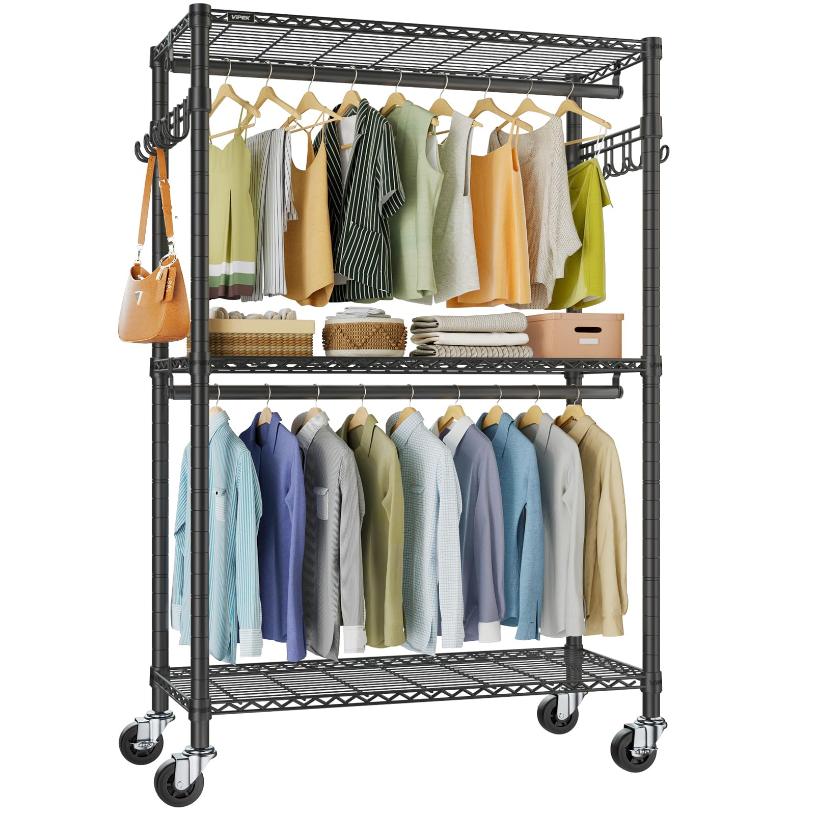 VIPEK R2 Plus Metall-Kleiderständer auf Rollen, Doppelstange & verstellbare Böden, 114 x 45 x 204 cm, freistehend, max. Belastung 295 kg, Schwarz