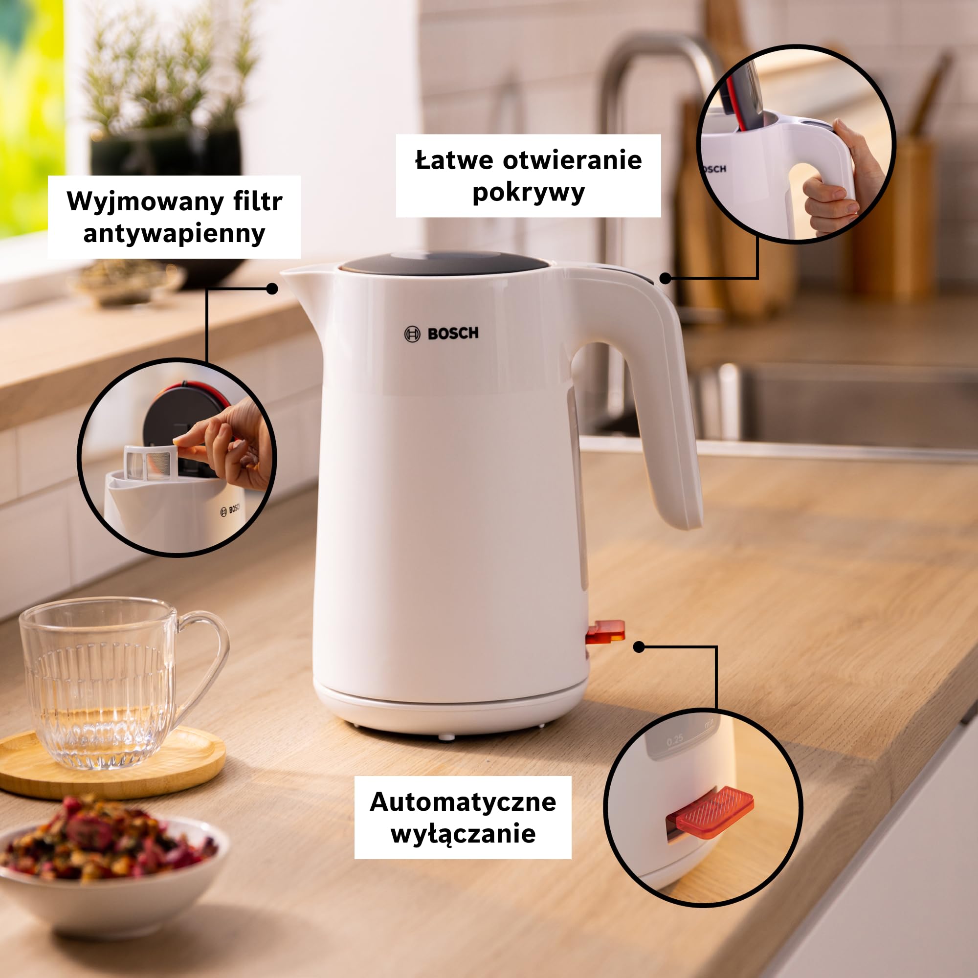 Bosch, czajnik elektryczny, MyMoment, ergonomiczna budowa, duży otwór, potrójne zabezpieczenie, filtr antyosadowy, pojemność 1,7 l, wysokiej jakości plastik, biały, TWK2M161