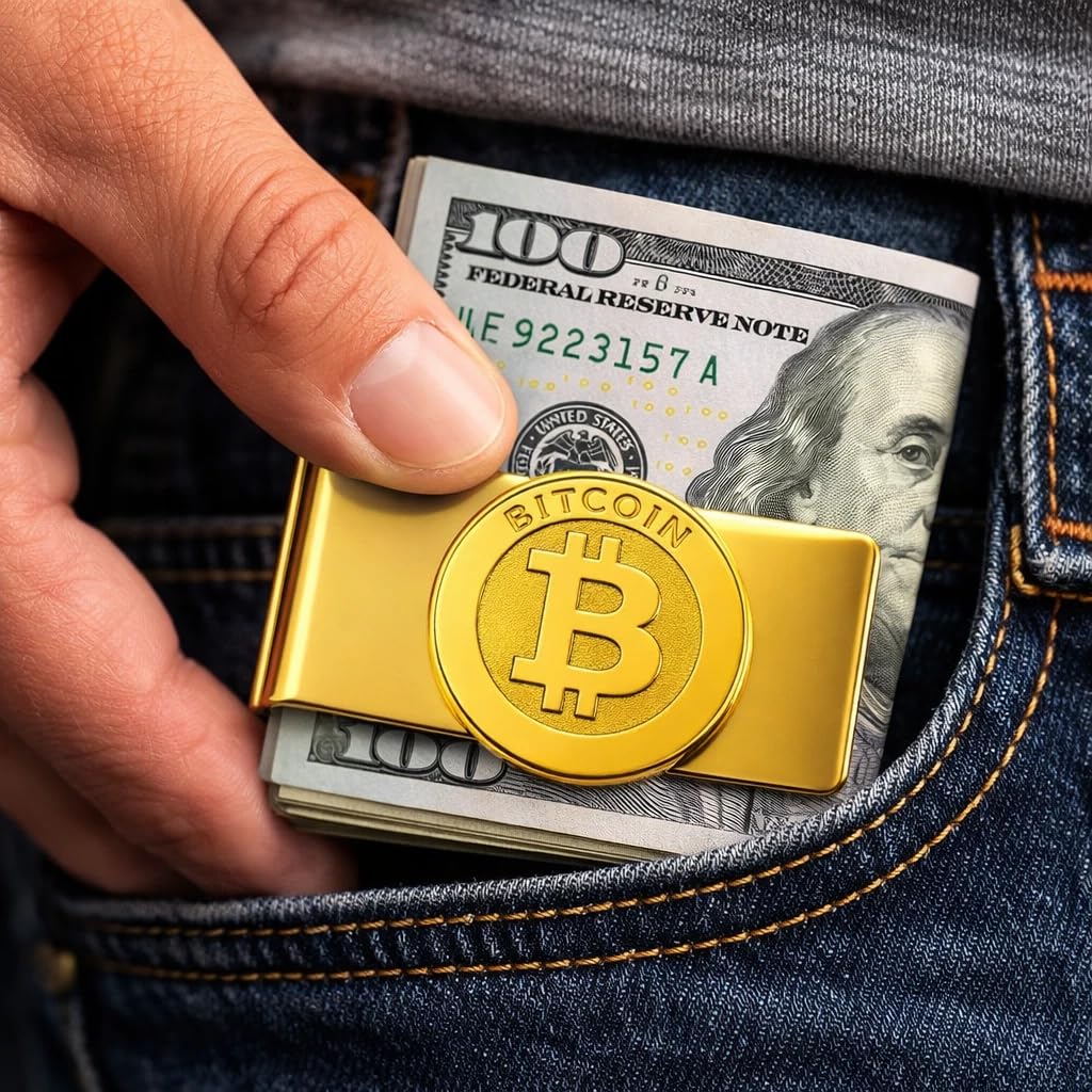 Bitcoin klips na banknoty ze szlachetnej stali szlachetnie pozłacany. Wygląda elegancko i szlachetnie dla mężczyzn ze stylem i klasą | klips na pieniądze | Money Clip | klips do pieniędzy |