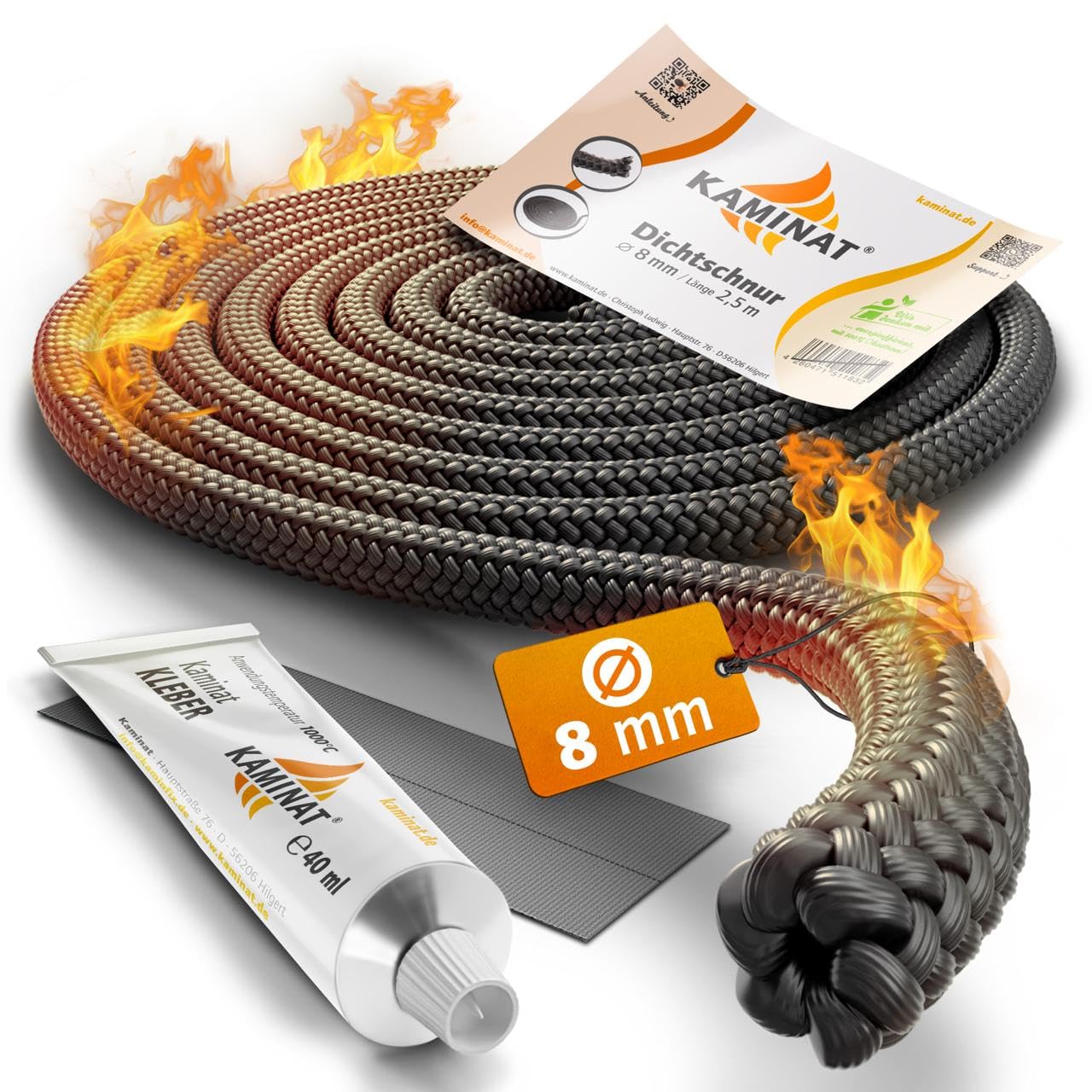 KAMINAT Ofen Dichtschnur - 2,5m Dichtschnur für Kaminofen - Feuerfestes Kamin Dichtband & Ofenrohr Dichtung - Hochwertige Kamin Dichtungsschnur inkl. Kleber - Dichtschnur Kaminofen Ø 8mm Breite
