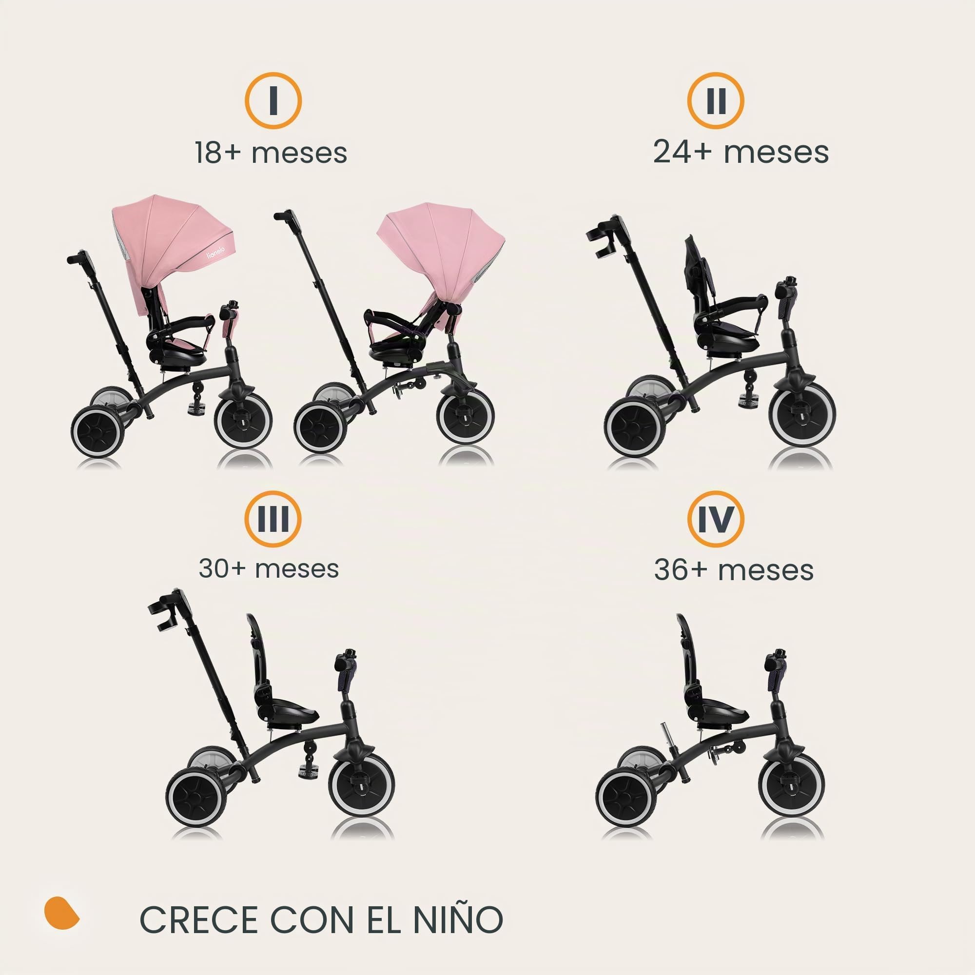 LIONELO Tris Plus Bicicleta de Paseo Triciclo Multifunción de 9 Meses a 25 kg, Carrito Bebé, Ruedas Grandes PU Asiento Giratorio 360° Respaldo Ajustable Montaje sin Herramientas