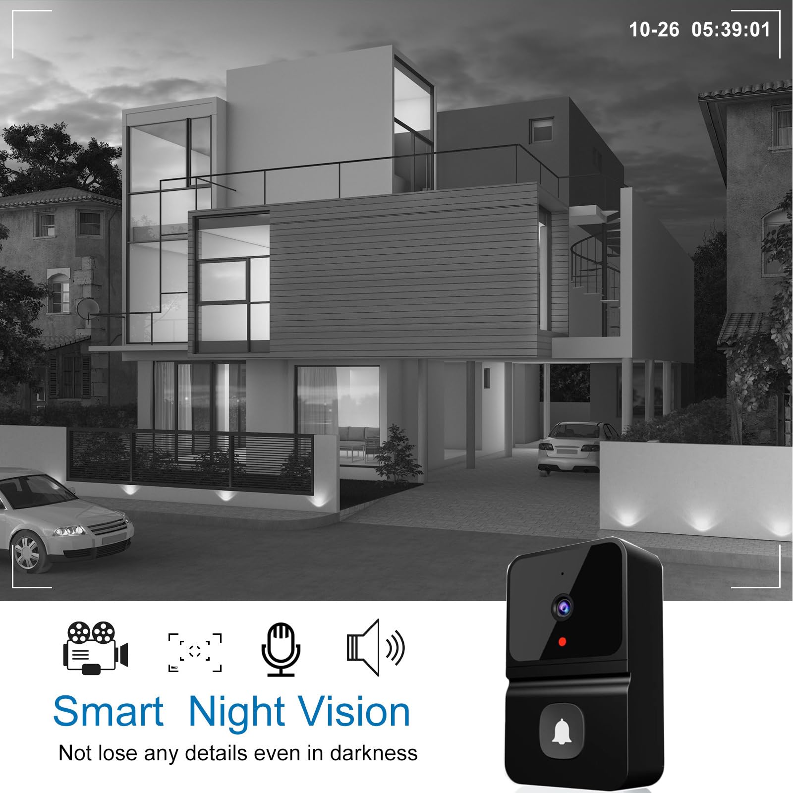 Timbre inalámbrico de video con visión nocturna inteligente, audio de 2 vías, intercomunicador visual WiFi recargable por USB, cámara de seguridad para el hogar, dispositivo doméstico inteligente
