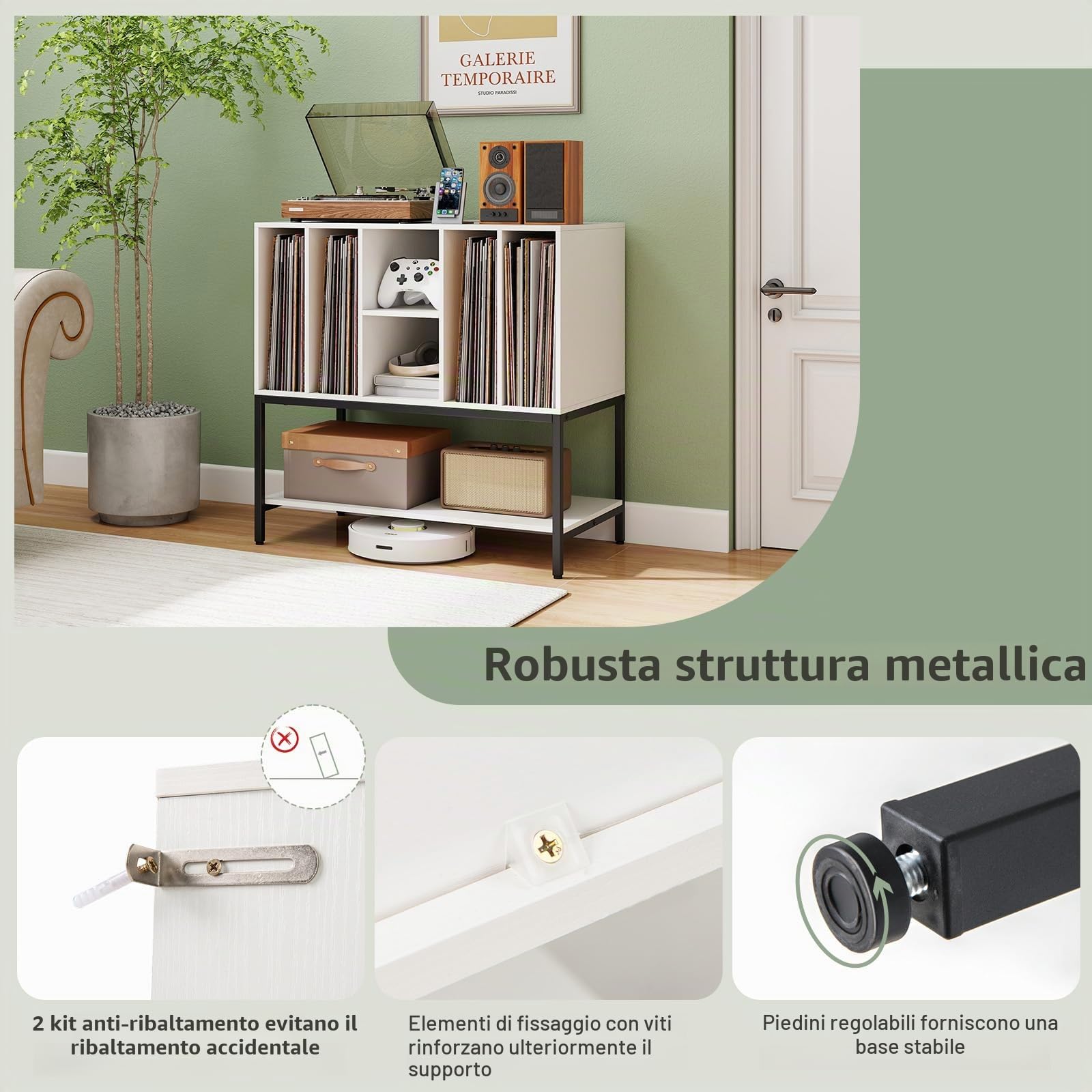 GIANTEX Supporto per giradischi con 6 scomparti e ripiano aperto, armadio per dischi in vinile con stazione di ricarica, 80 x 45 x 79,5 cm, mobile per soggiorno, camera da letto (bianco)